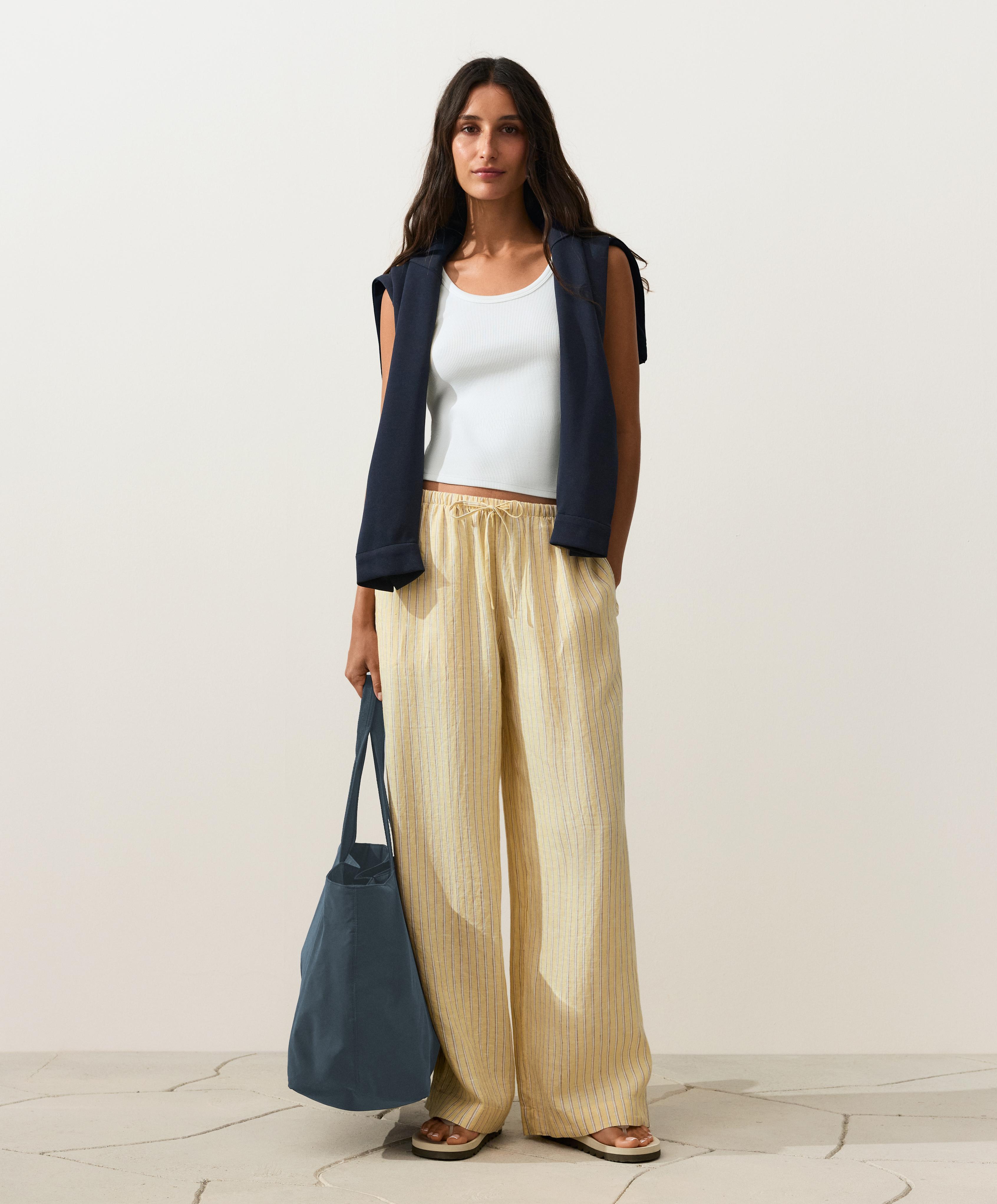 100% linen straight-leg print stripe trousers — SOFT YELLOW