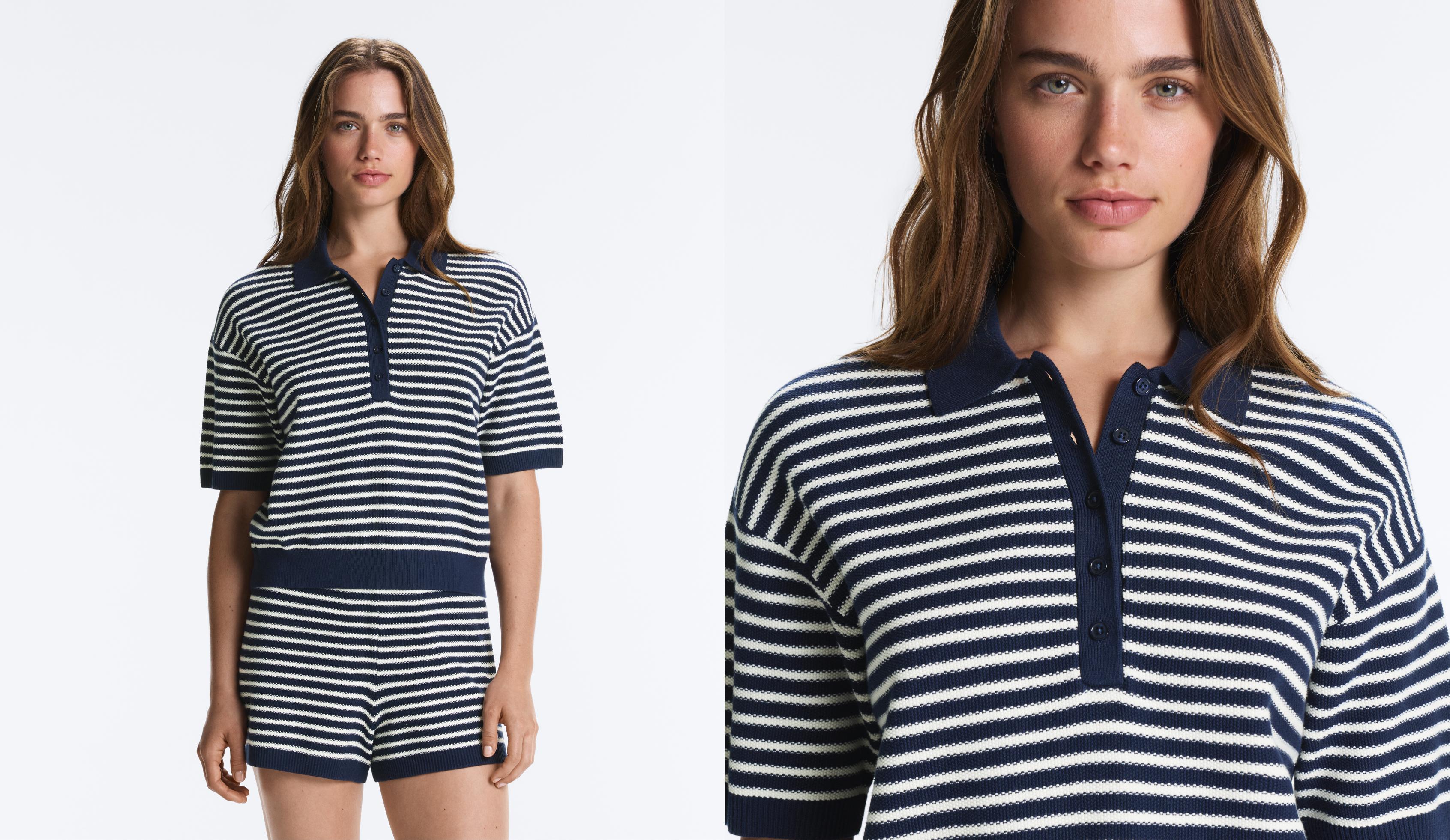 100% cotton striped knit polo shirt — NAVY BLUE
