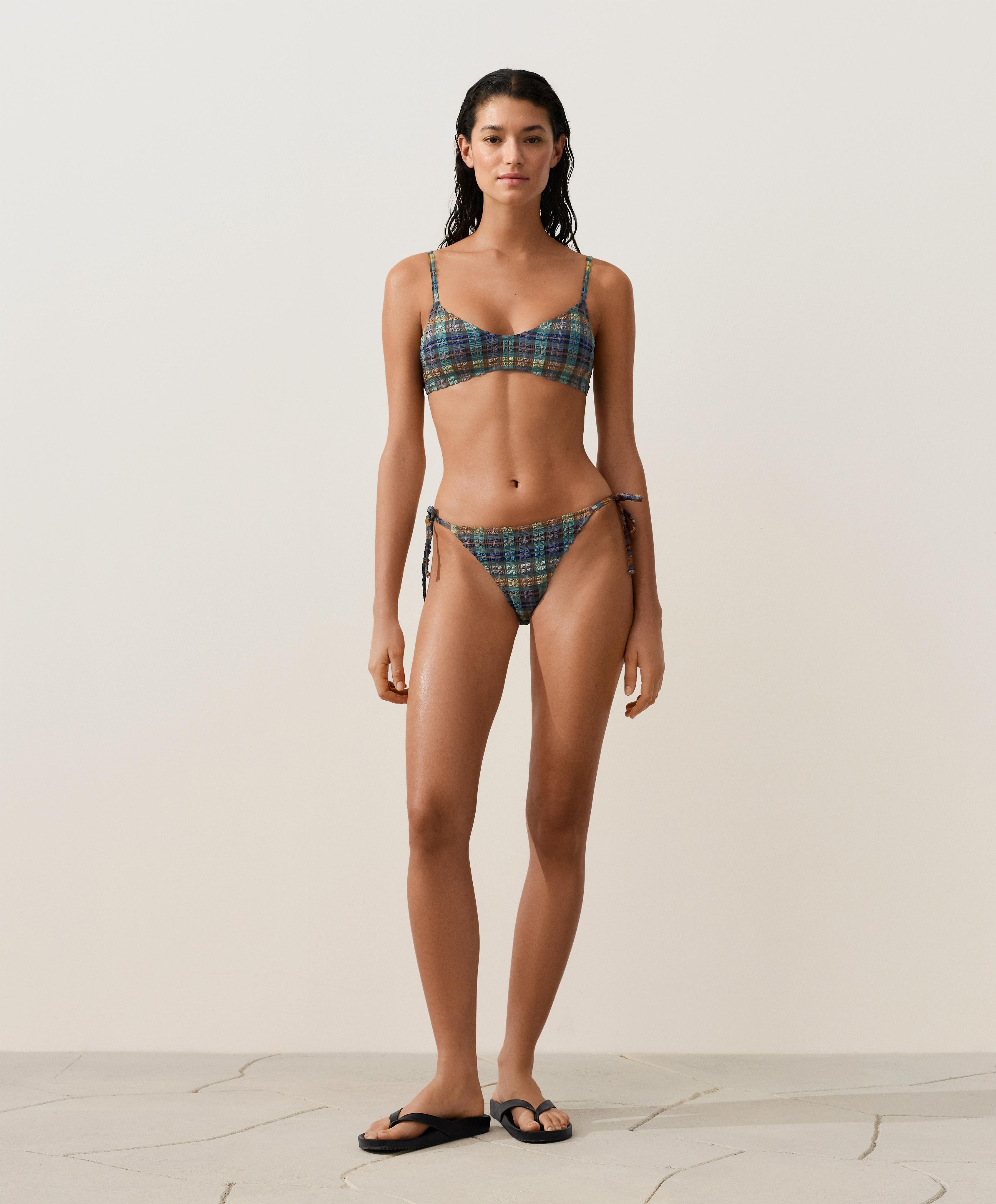 Textured check medium-coverage bikini briefs with ties — KHAKI