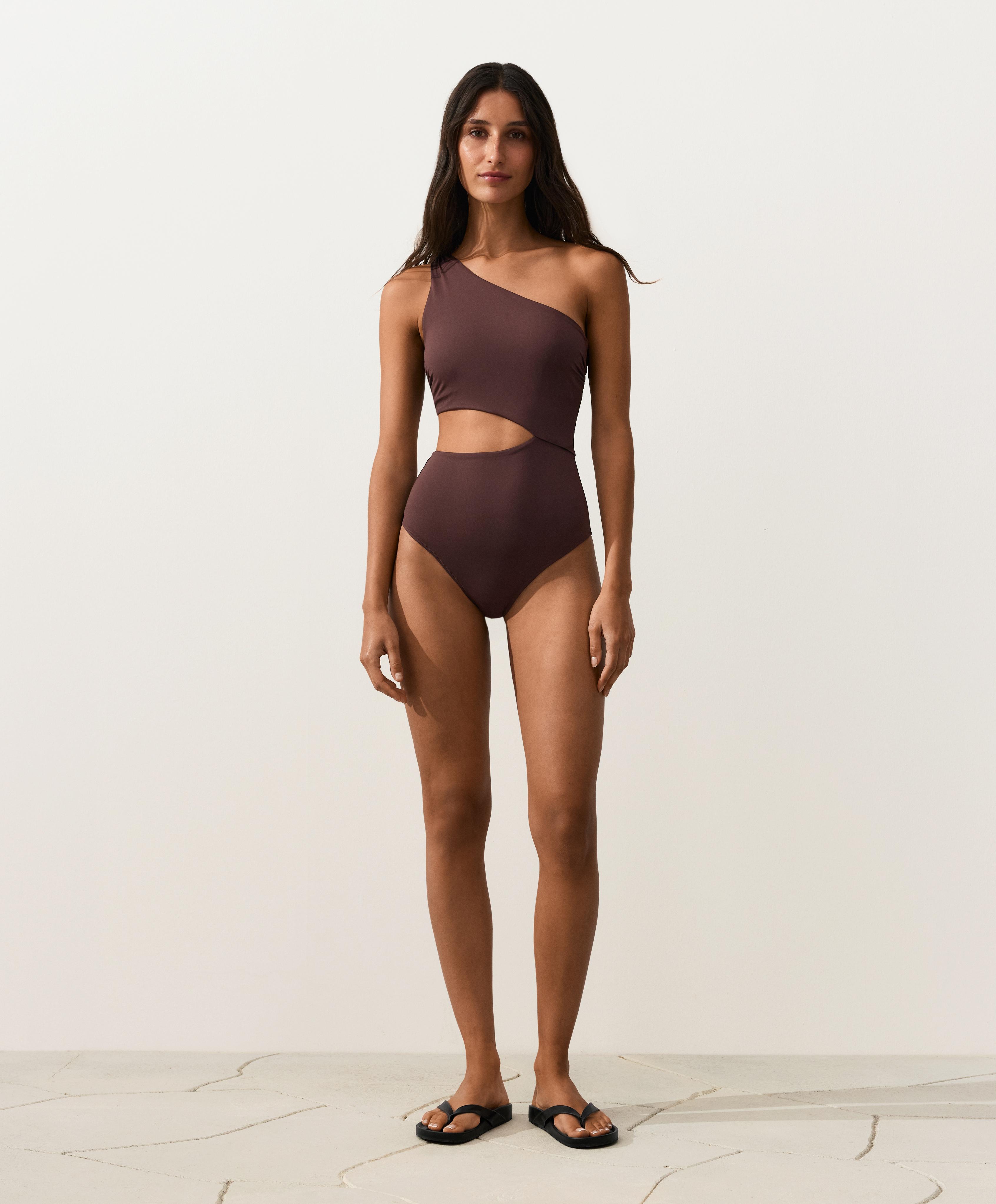 Asymmetric strap trikini — CHOCOLATE