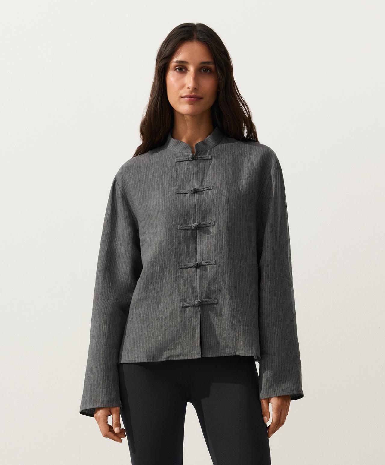 Striped 100% linen stand-up collar shirt — DARK ANTHRACITE
