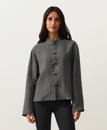 Striped 100% linen stand-up collar shirt — DARK ANTHRACITE 1