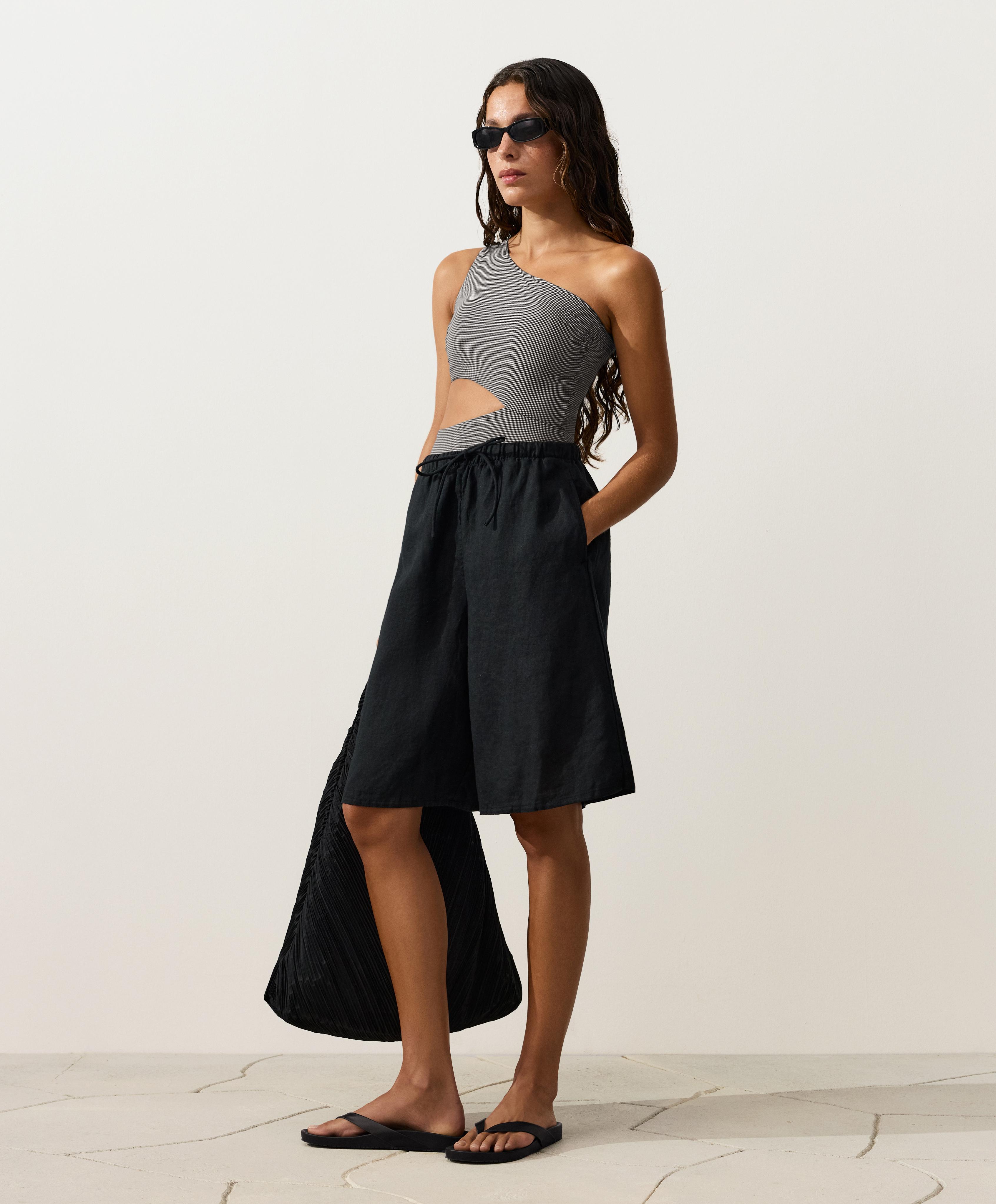 Mini gingham asymmetric trikini — BLACK