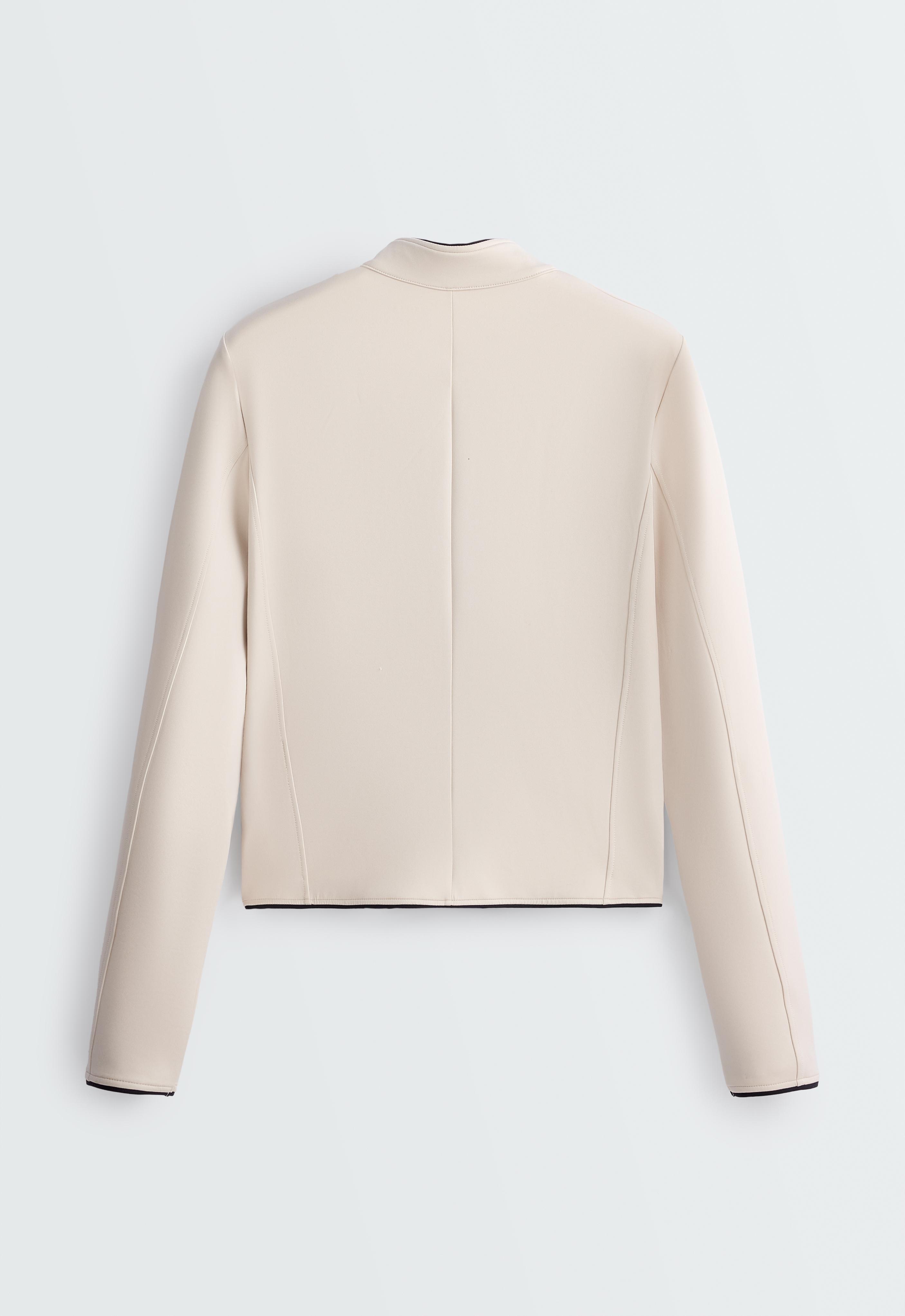 Neoprene-effect jacket with mandarin collar and piping — OATMEAL