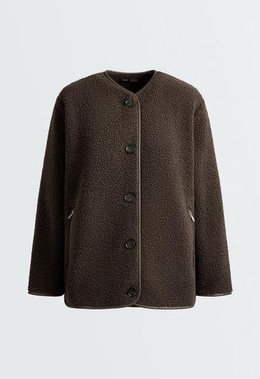 Round-neck faux-shearling jacket — DARK BROWN 6