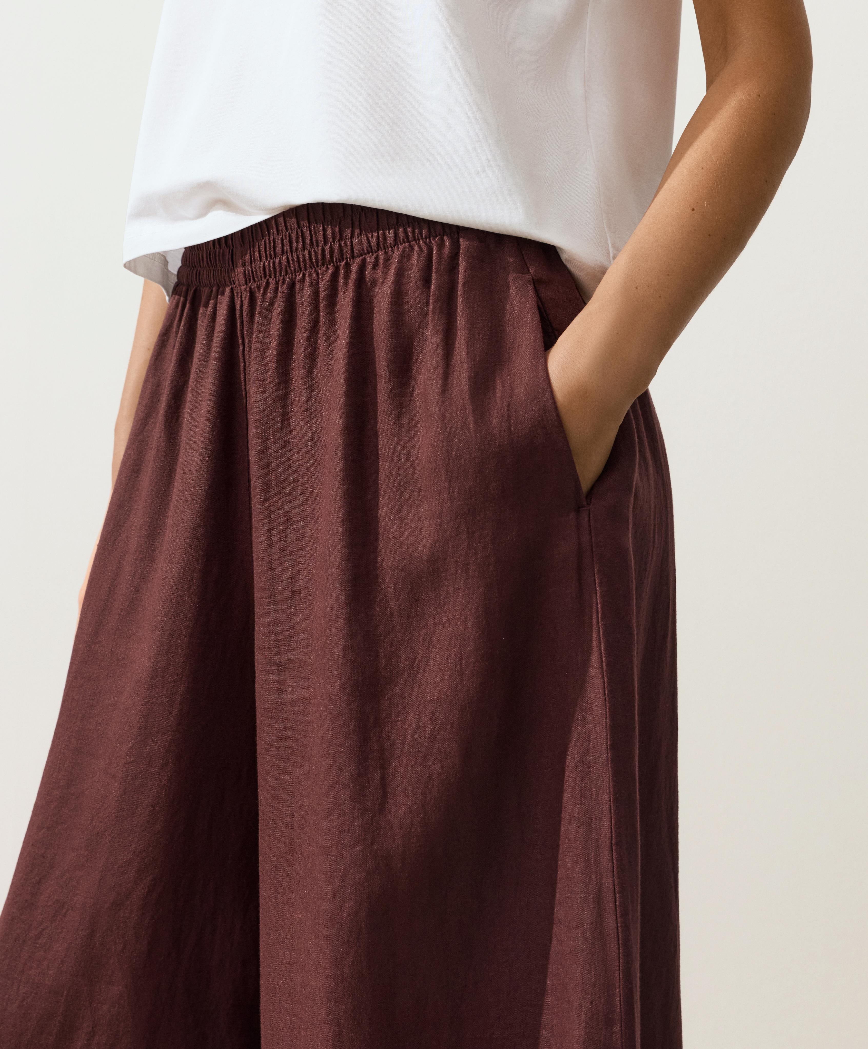 100% linen super wide-leg cropped trousers — CHOCOLATE