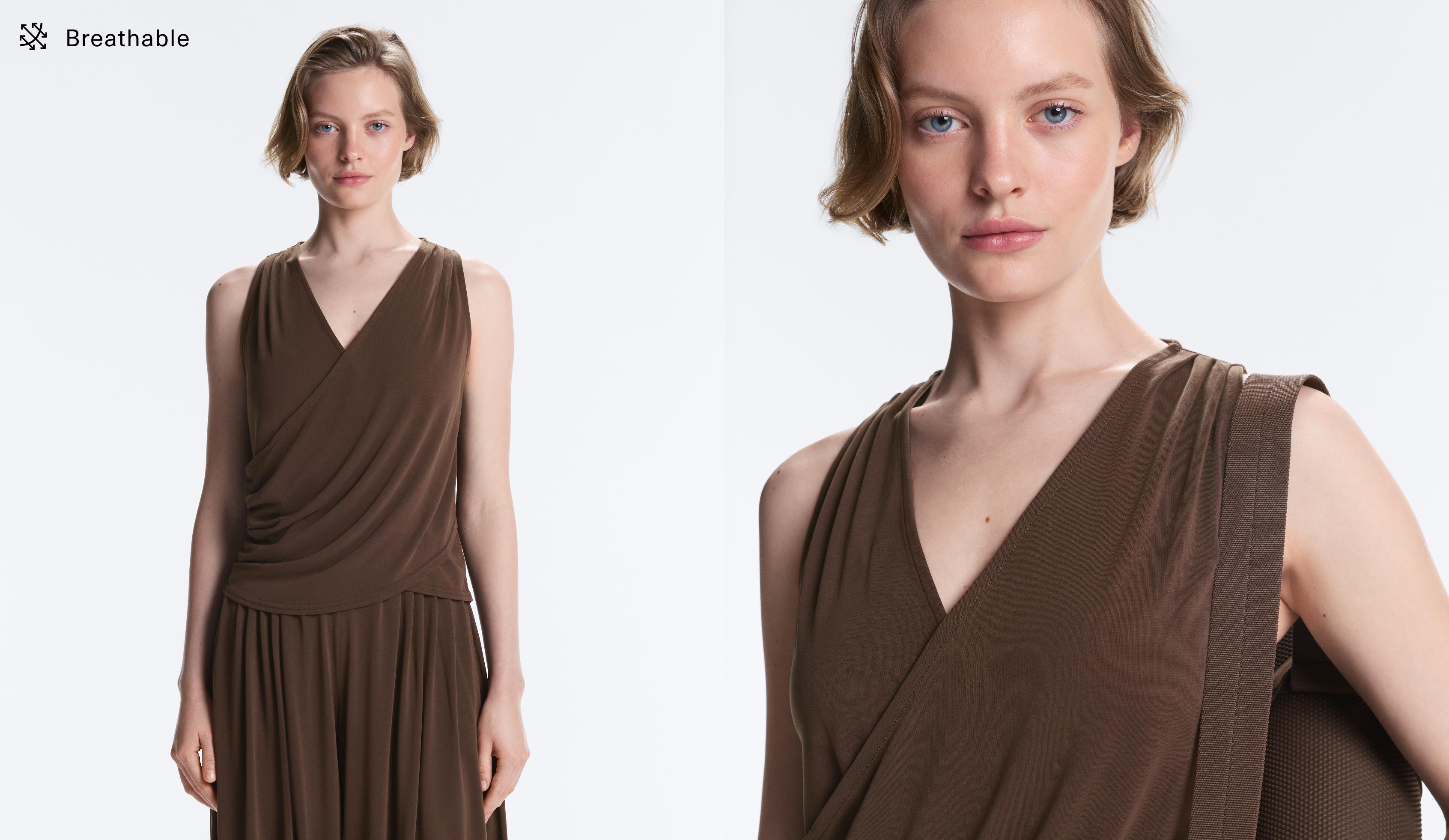 Modal blend crossover sleeveless T-shirt — DARK BROWN