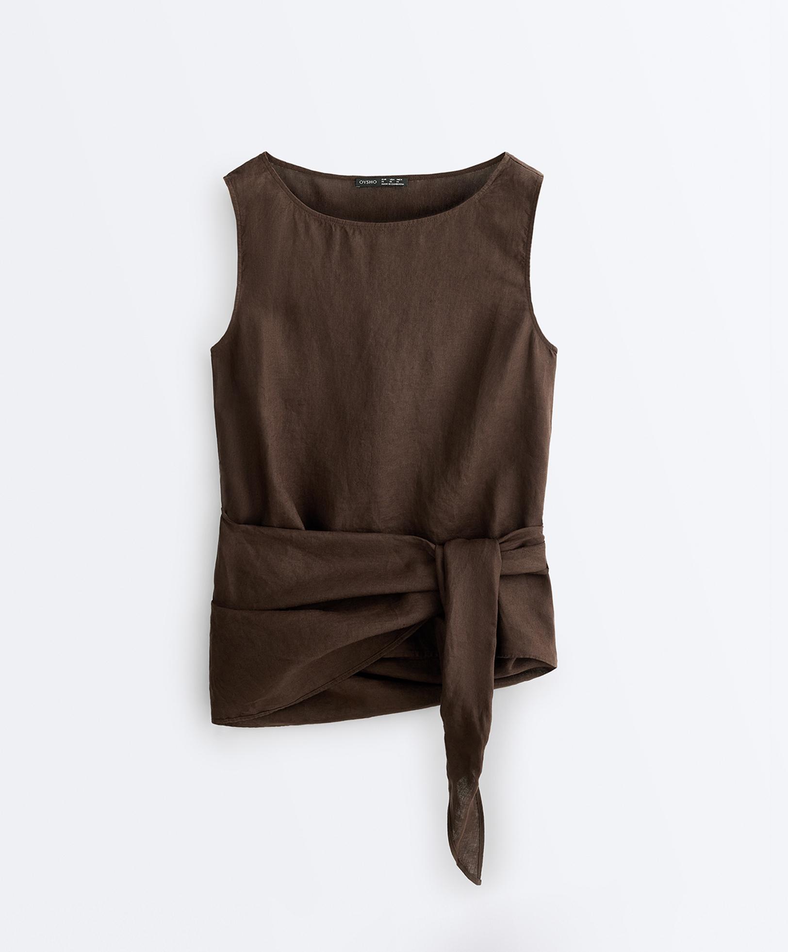 Sleeveless top with 100% linen scarf — DARK BROWN