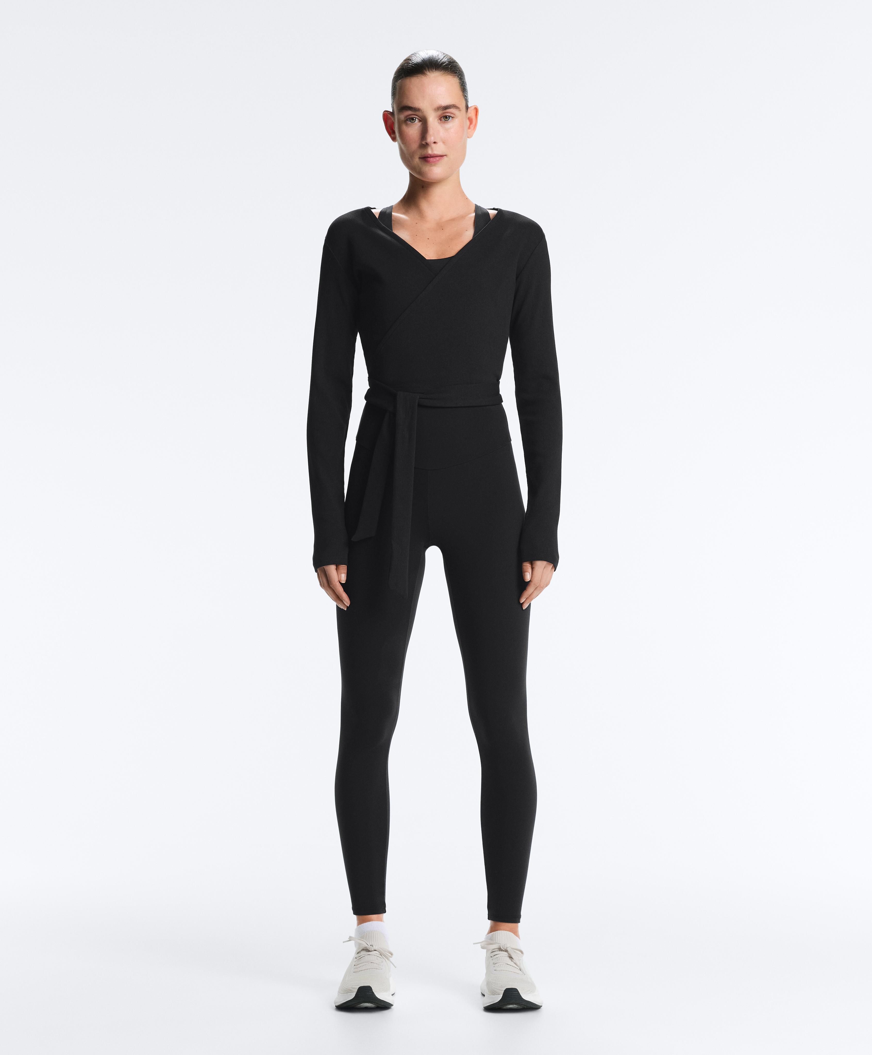 Wrap Over Rib Cotton Blend T-Shirt — BLACK