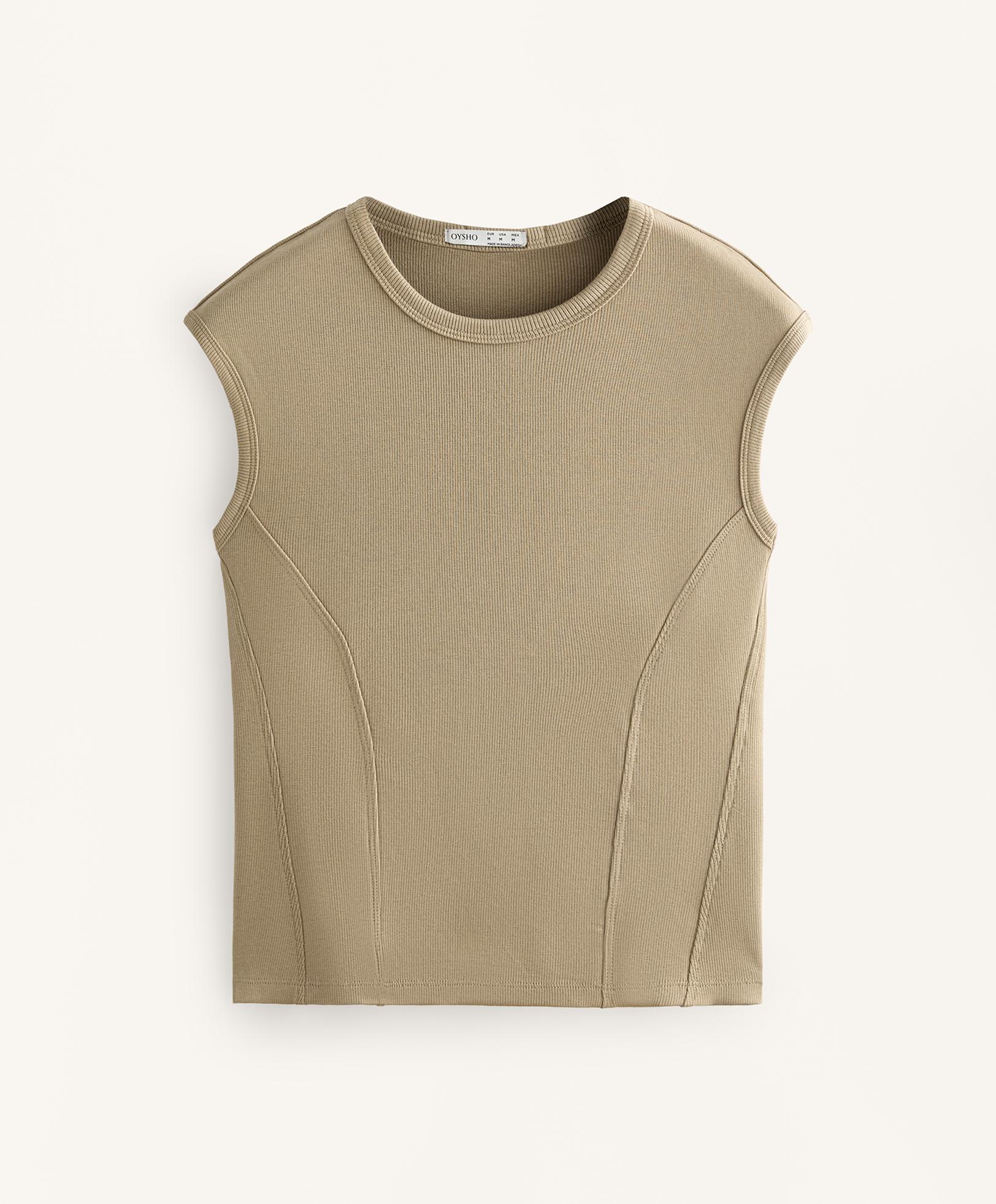Short-sleeved rib top with cotton and modal — GREEN BEIGE