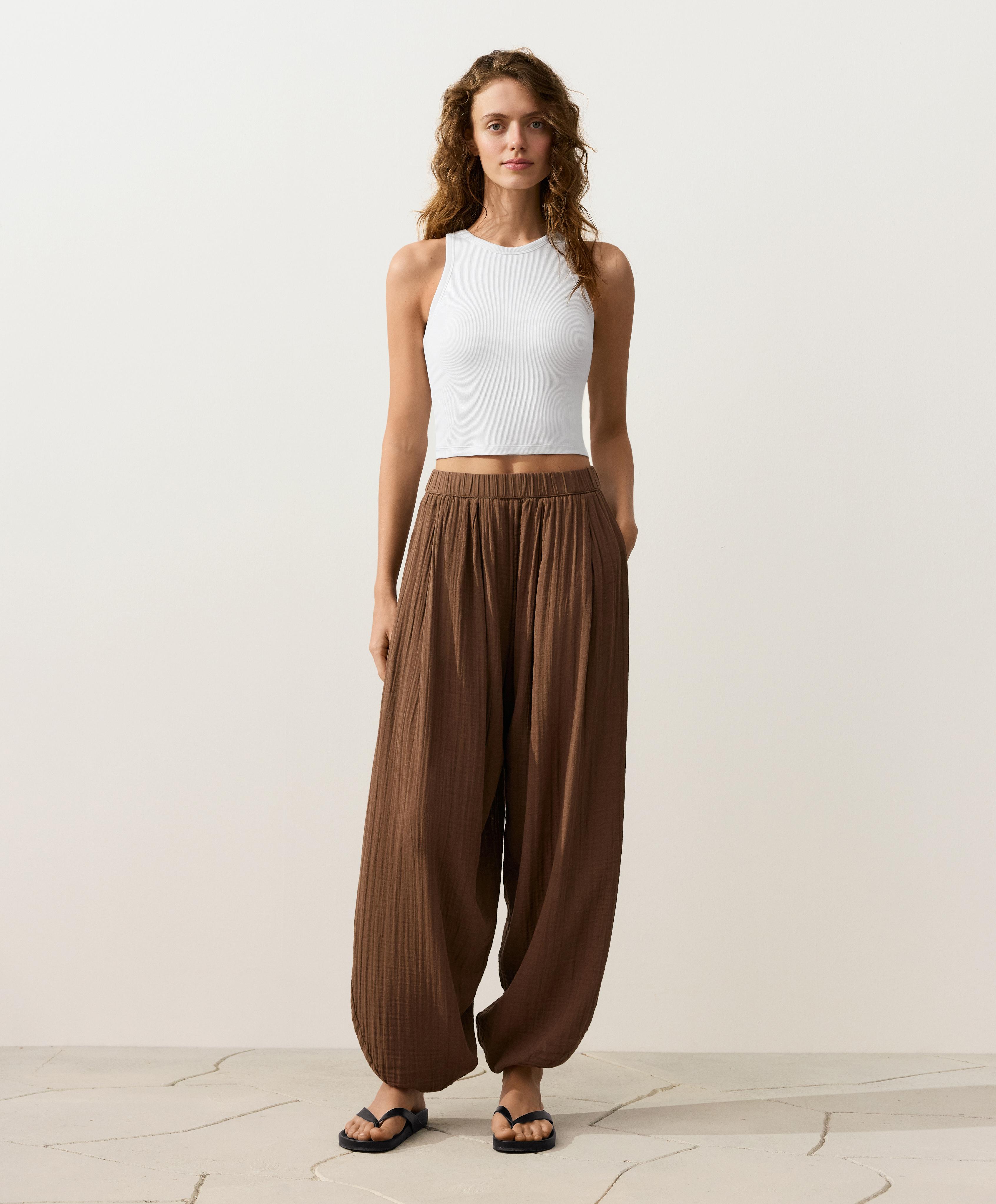 100% cotton muslin balloon trousers — TAN