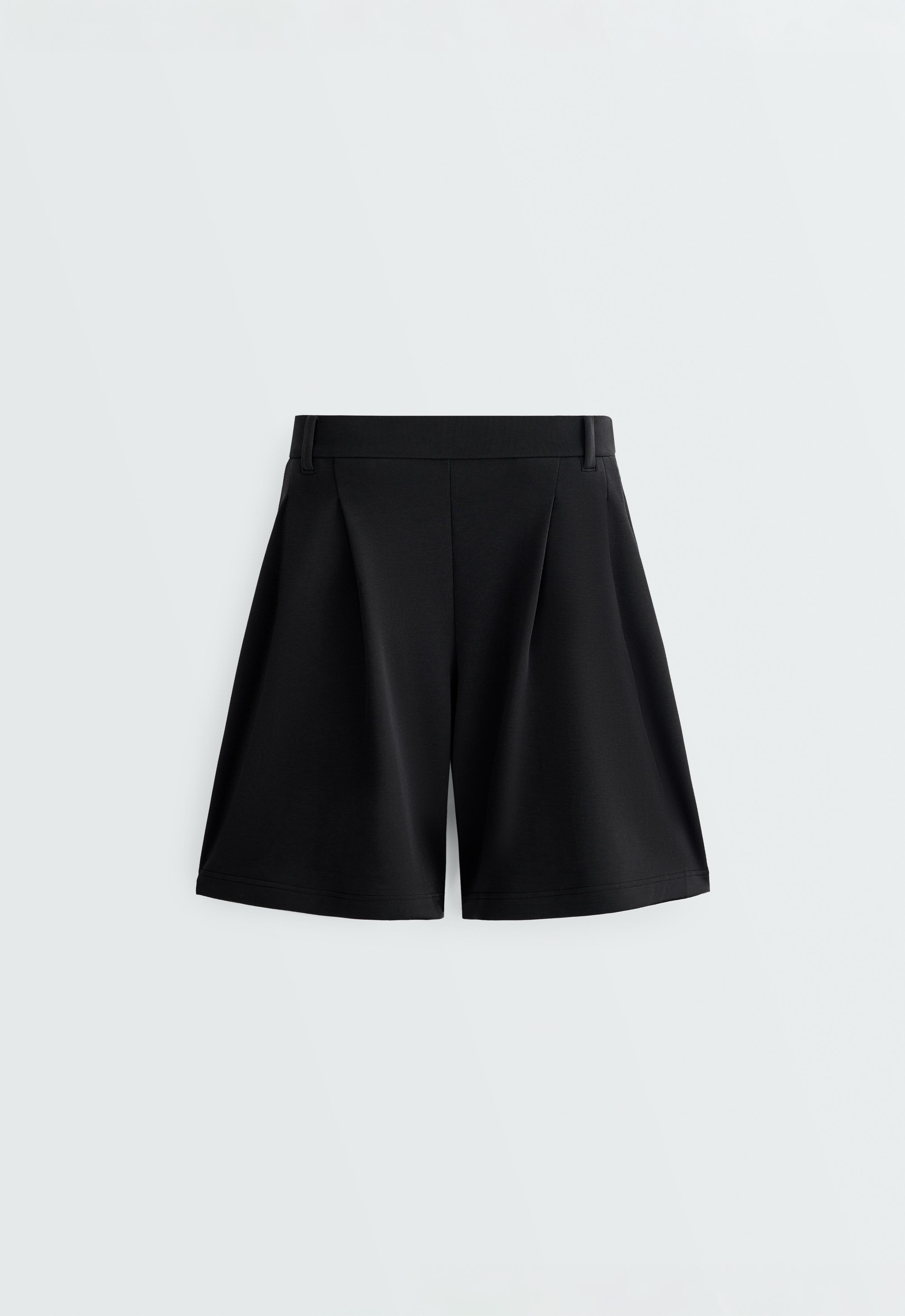 Soft-touch modal Bermuda shorts with pleats — BLACK