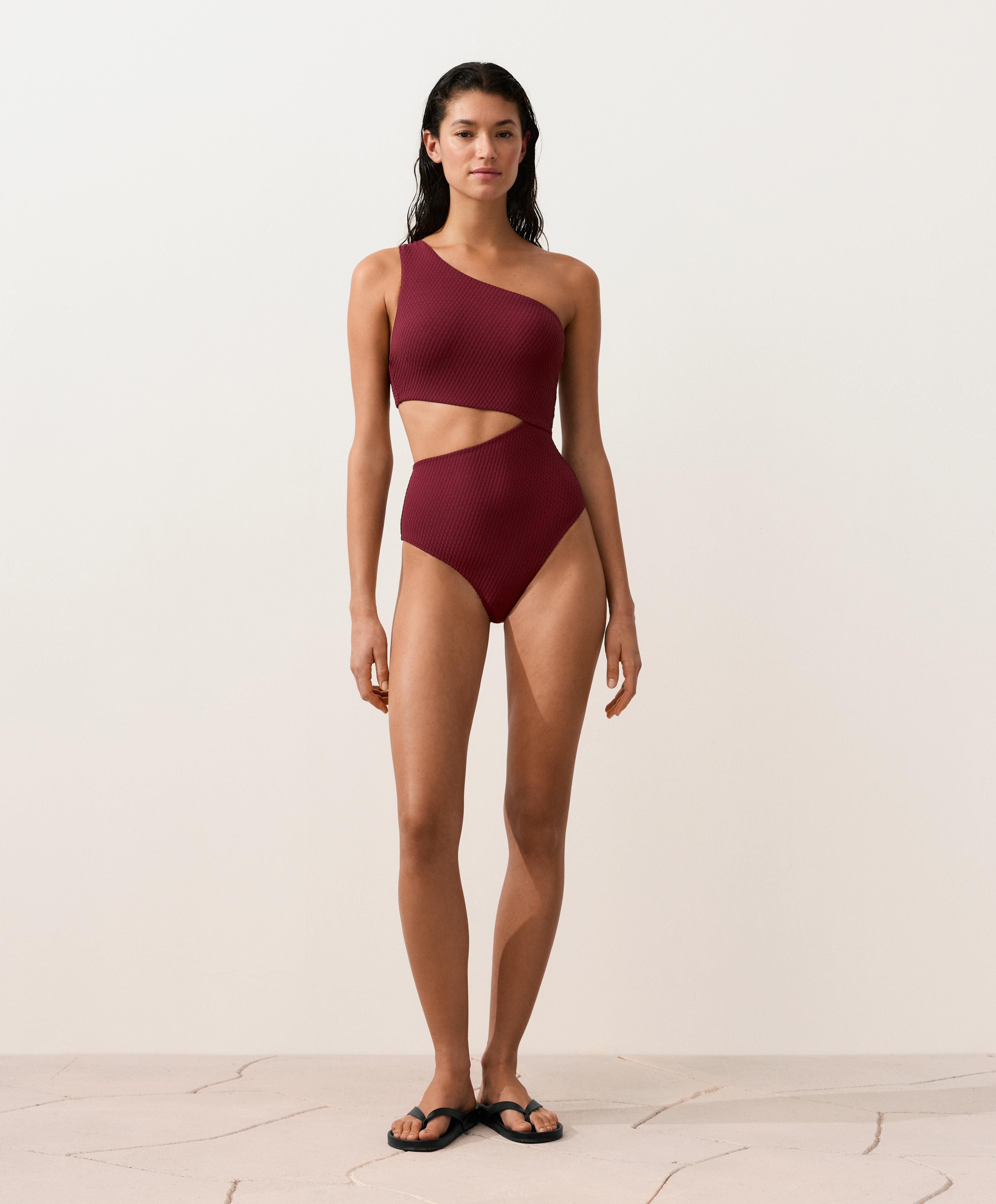 Mini check jacquard asymmetric trikini — CHERRY