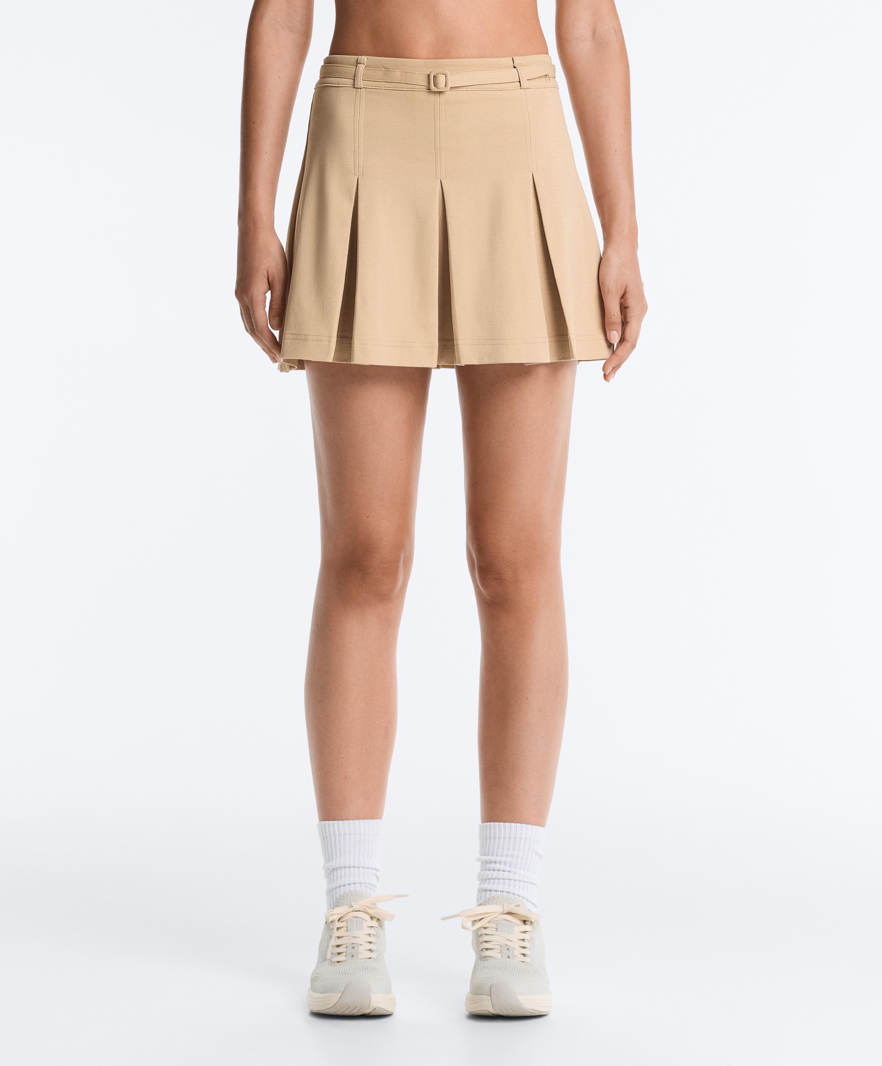 High-rise pleated short skirt with belt — BEIGE