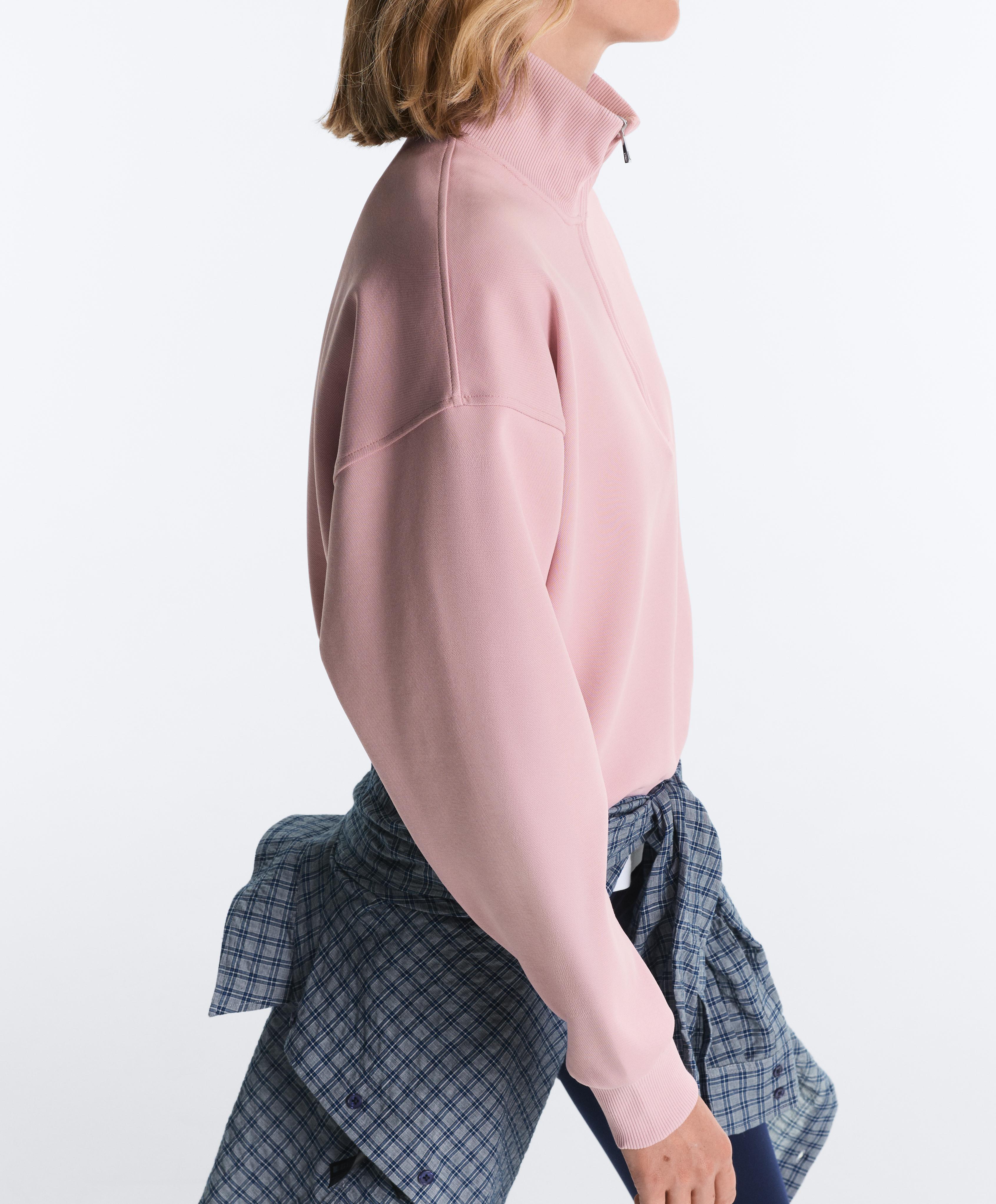 Pique high-neck zip sweatshirt with cotton — PALE PINK