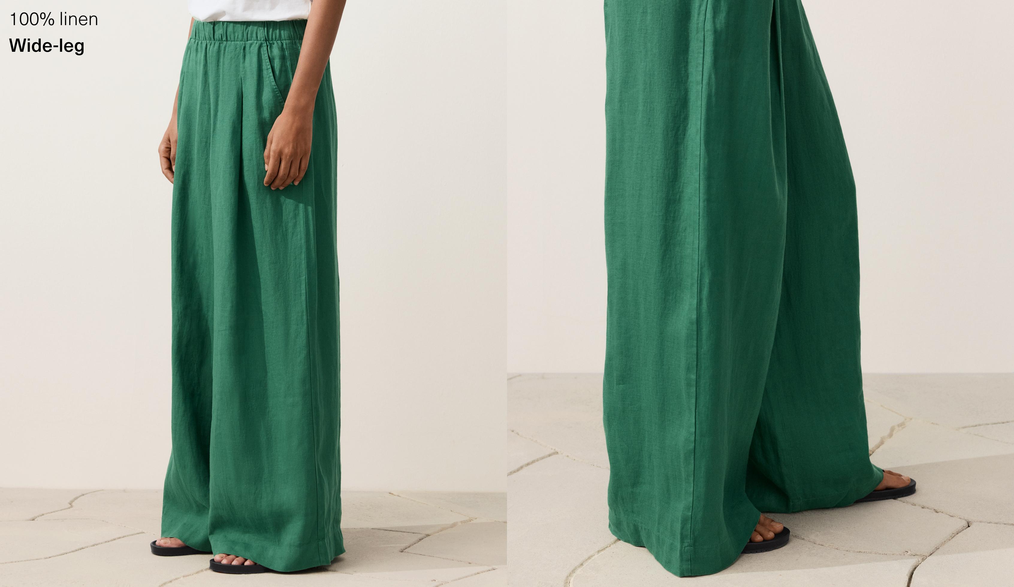 100% linen wide-leg trousers — EMERALD GREEN