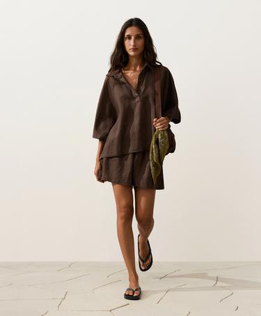 Oversize 100% linen polo shirt — DARK BROWN 5