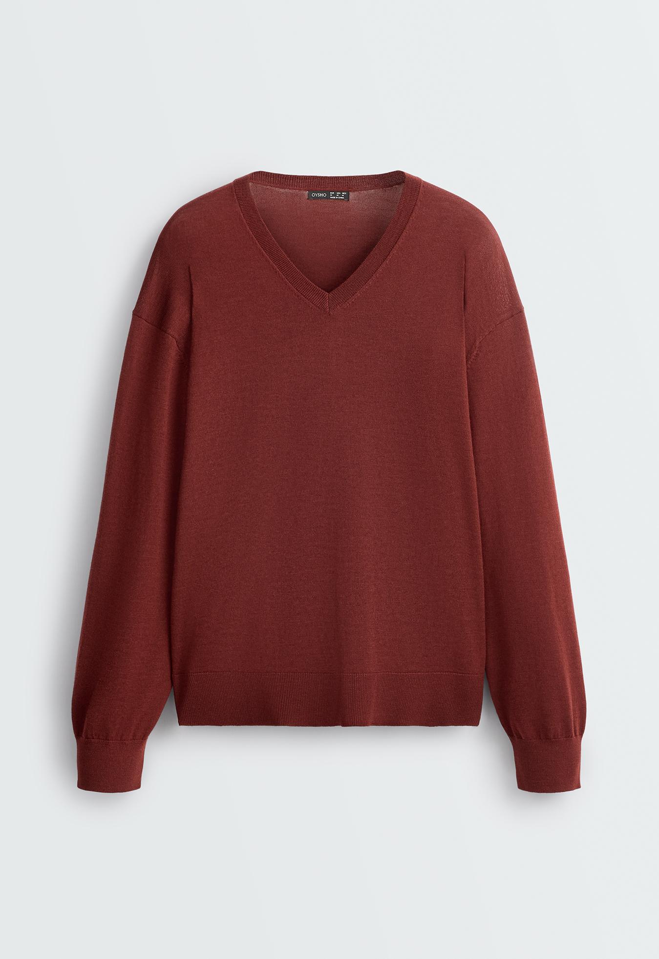 100% wool V-neck knit jumper — DARK BRICK