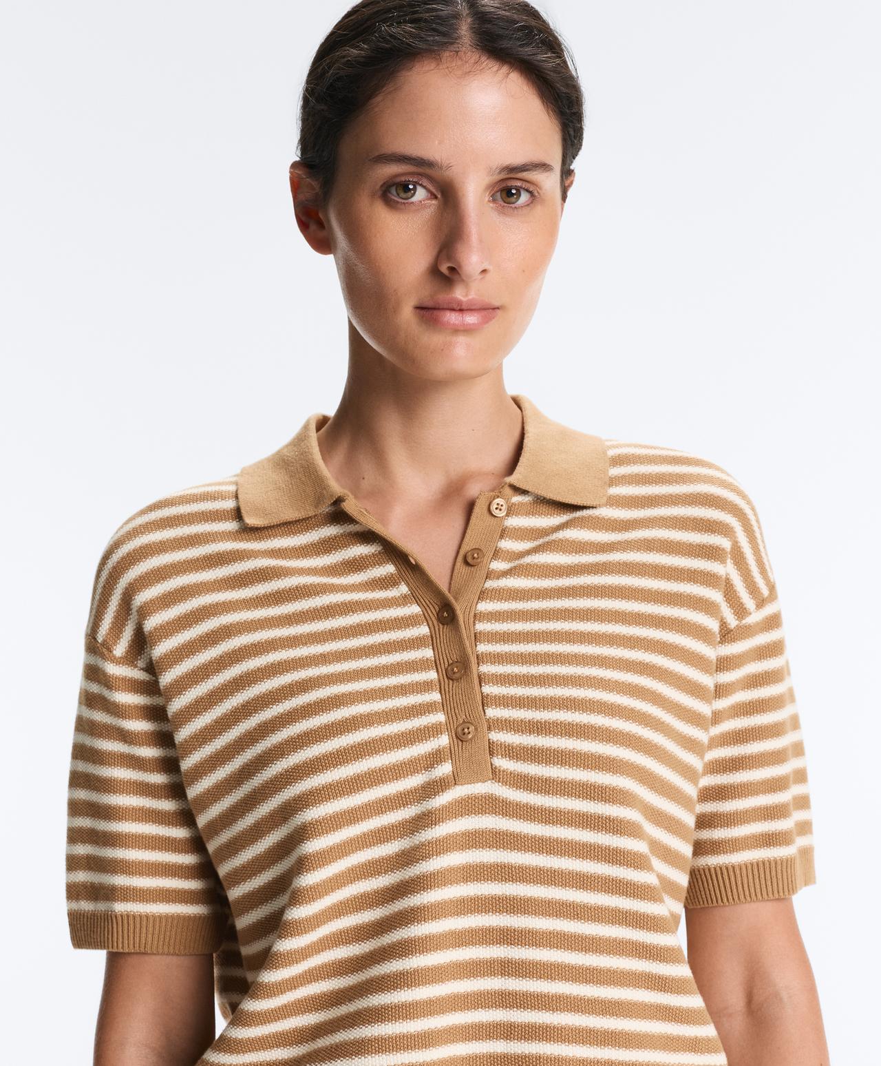 100% cotton striped knit polo shirt — PALE ECRU