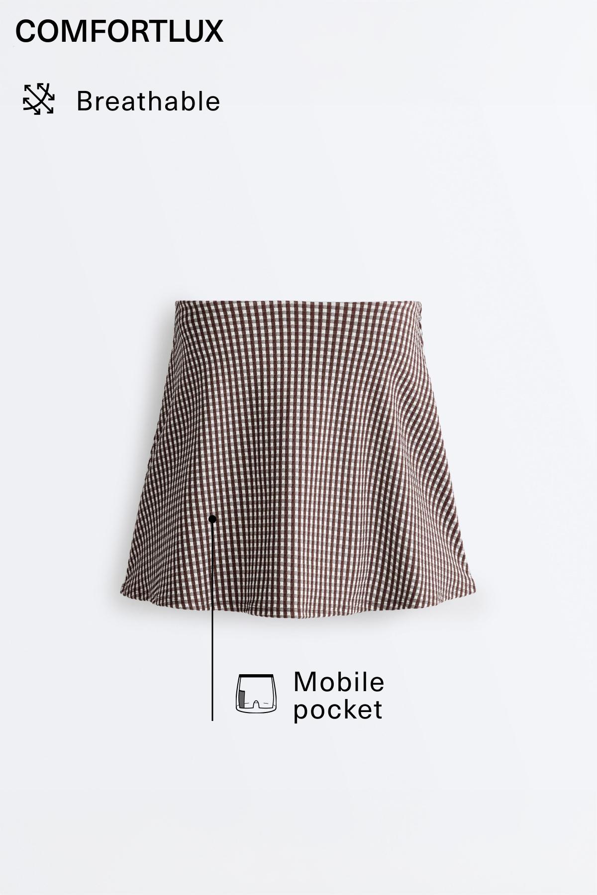 Comfortlux high-rise gingham mini skirt — DARK REDDISH‑BROWN