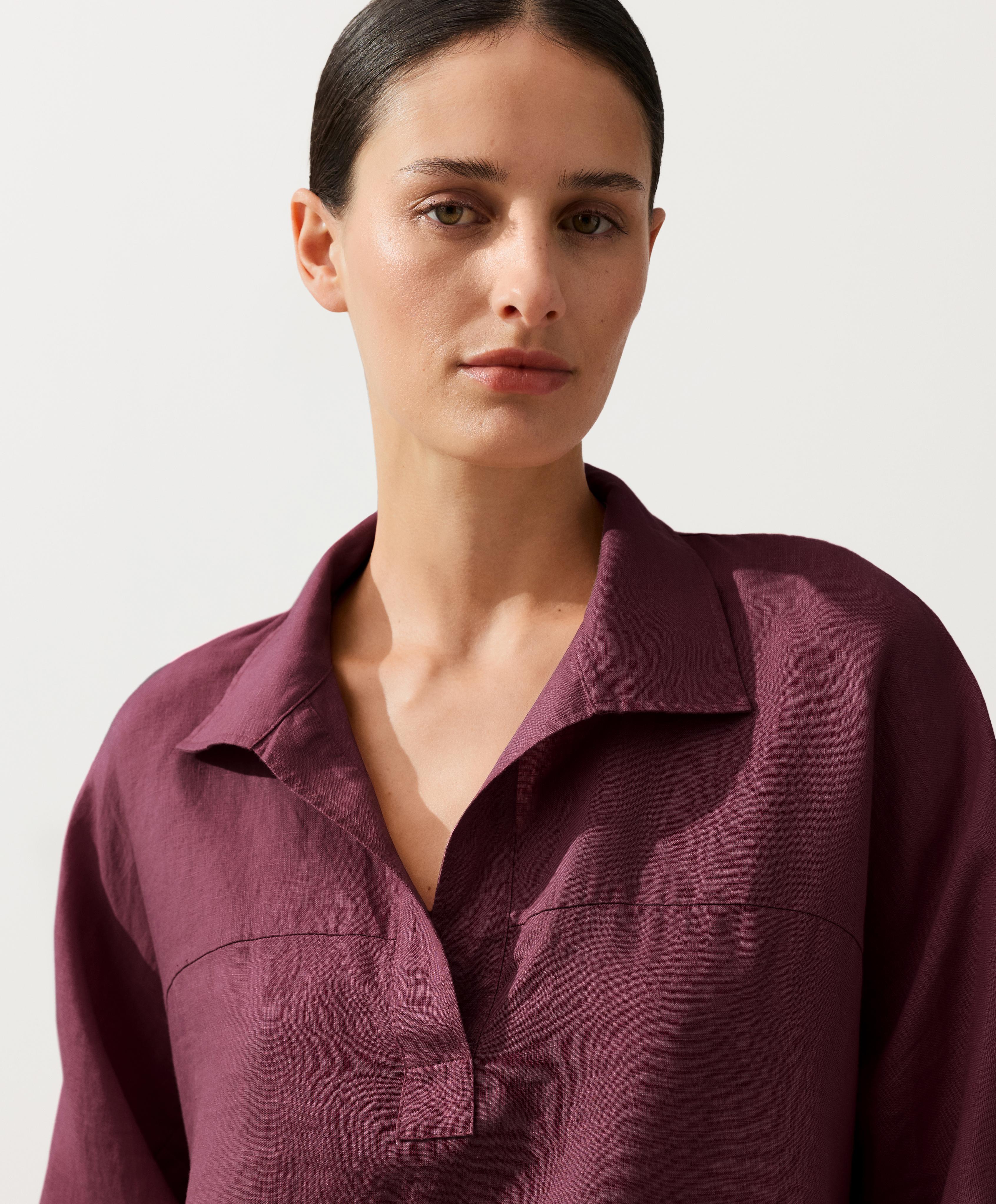 Oversize long-sleeve 100% linen polo shirt — CHERRY