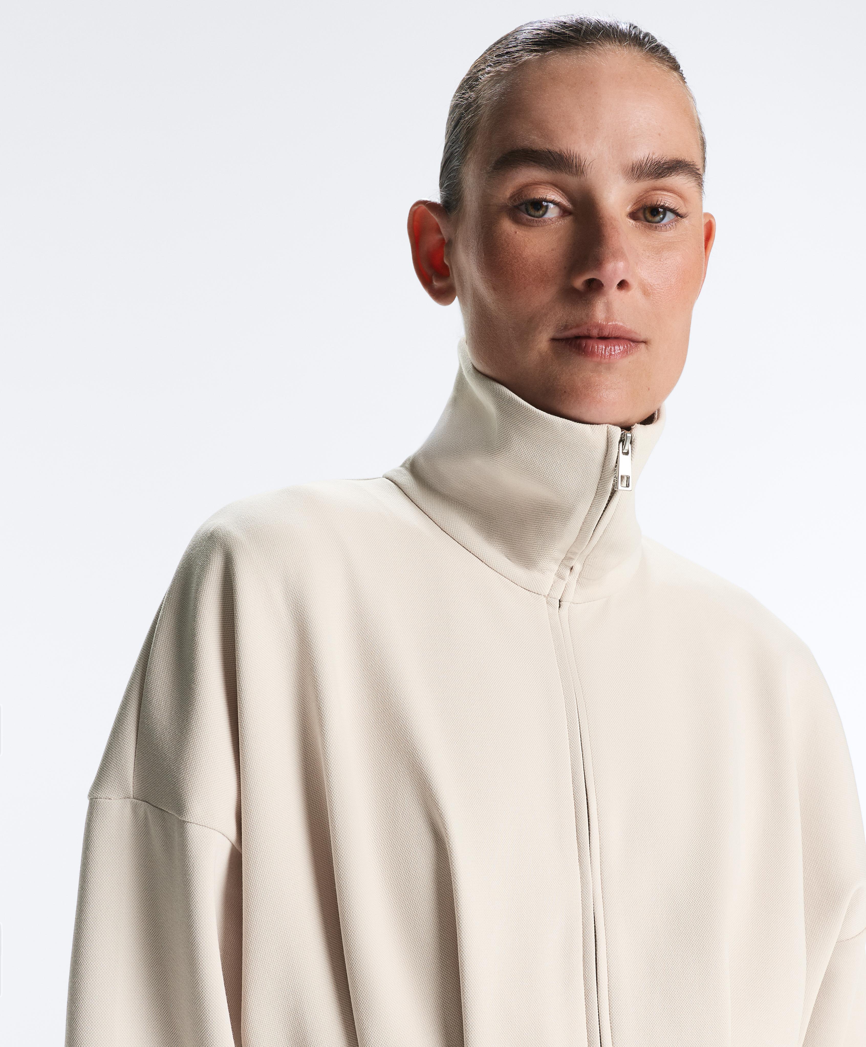 Long cotton piqué belted jacket — PALE MINK