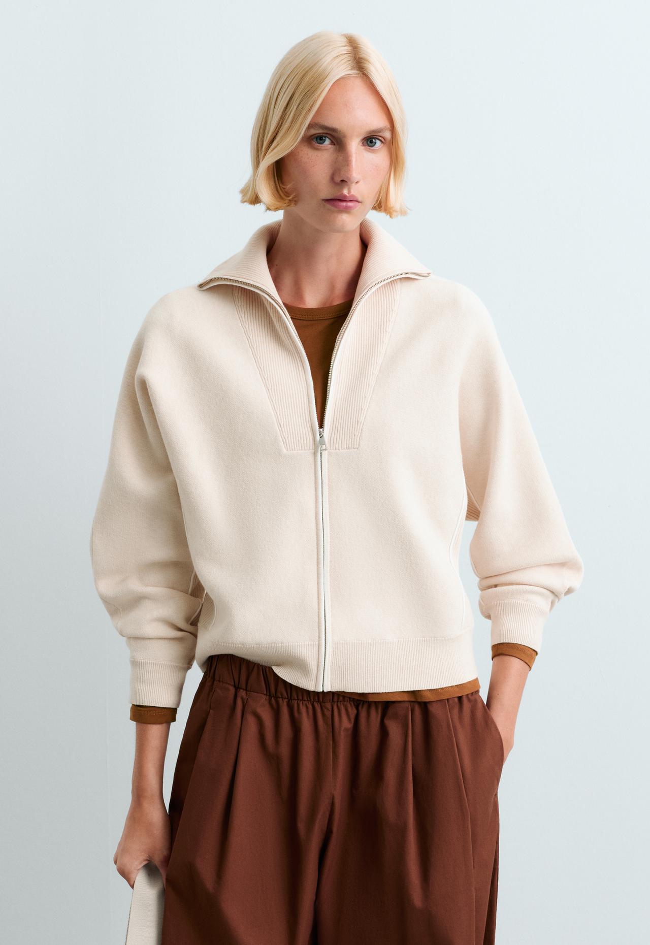 High-neck mixed knit jacket — ECRU