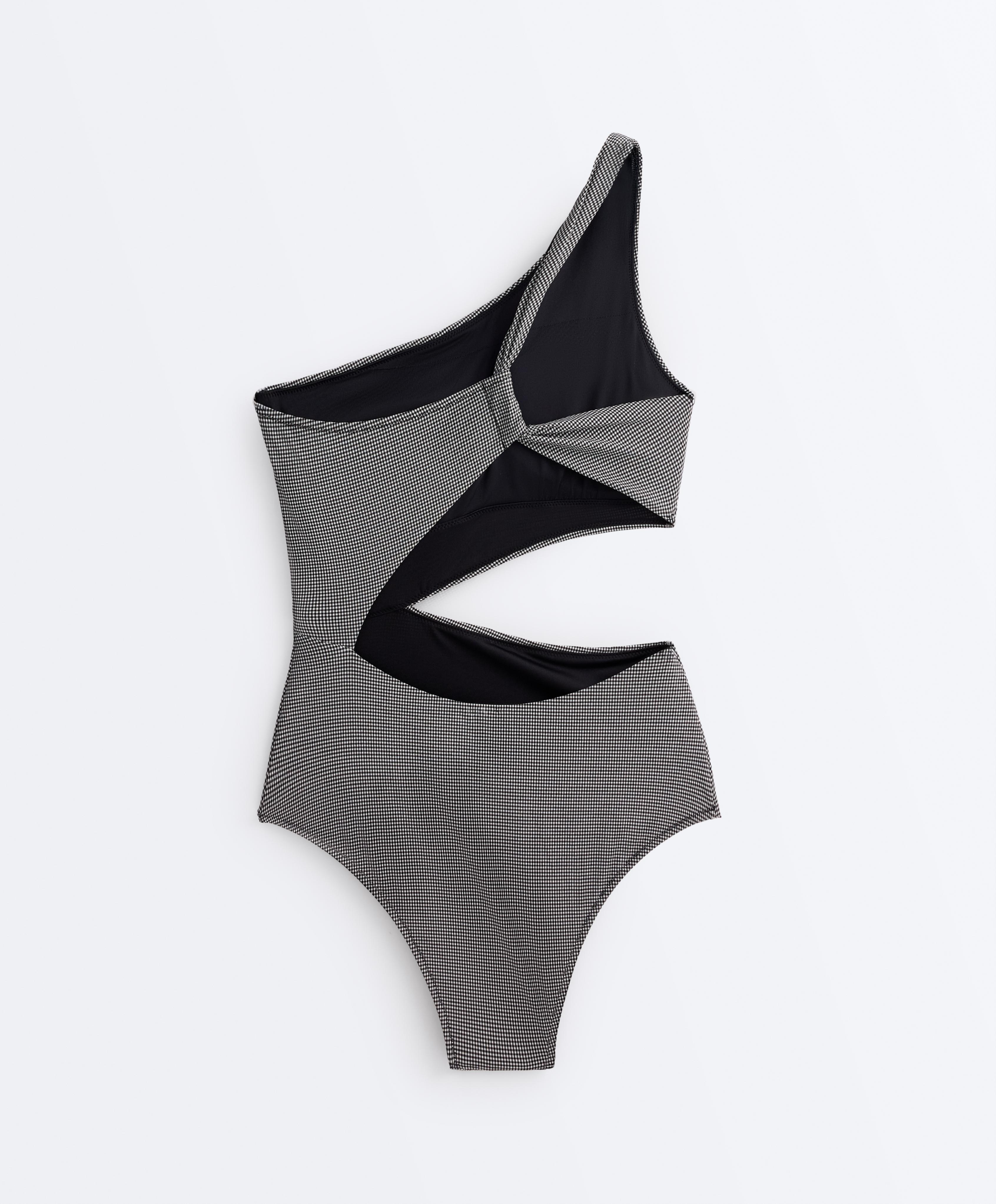 Mini gingham asymmetric trikini — BLACK