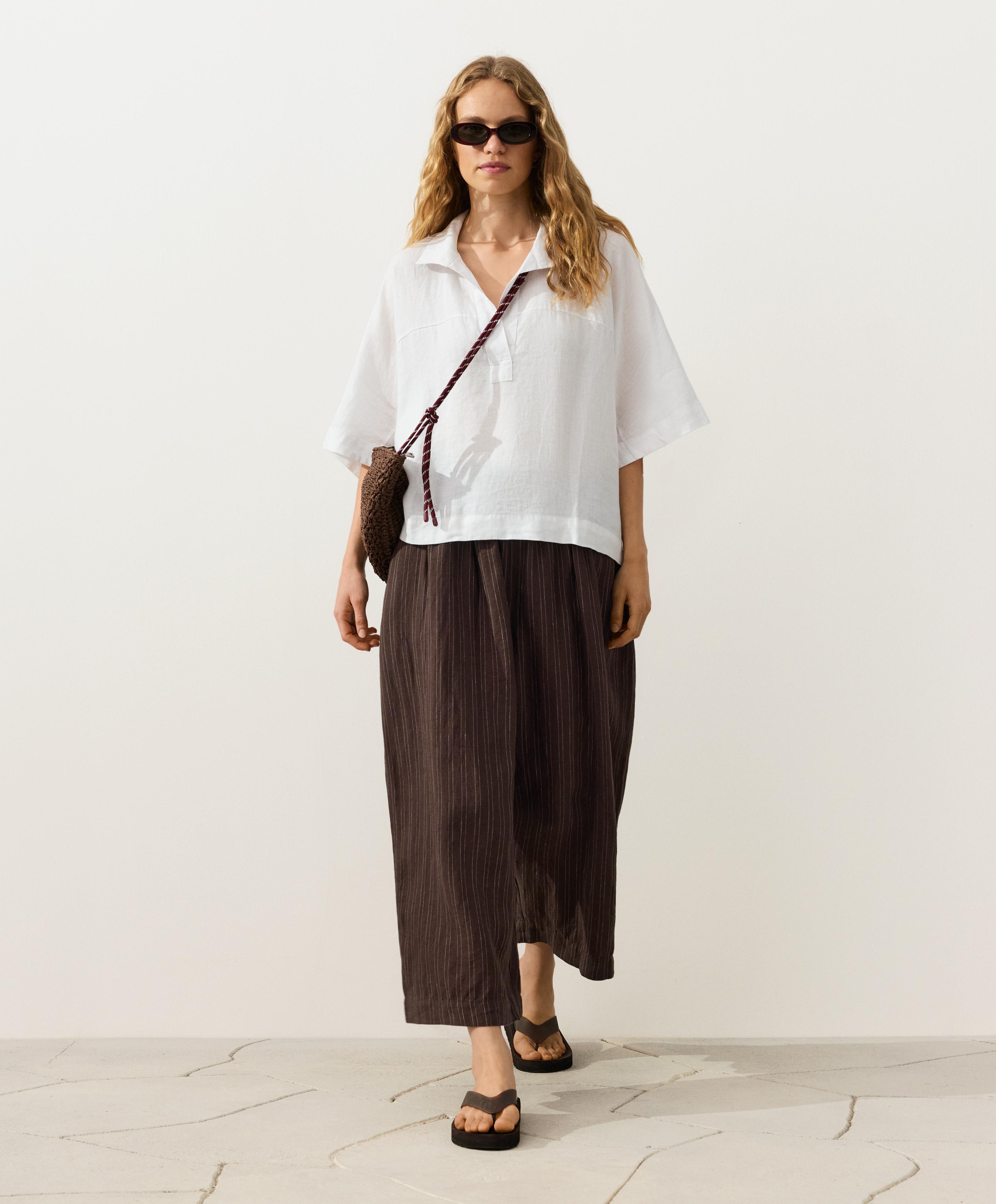 Striped 100% linen balloon crop trousers — EARTH