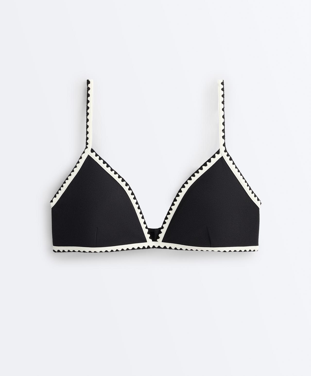 Contrast stitch triangle bikini top — BLACK