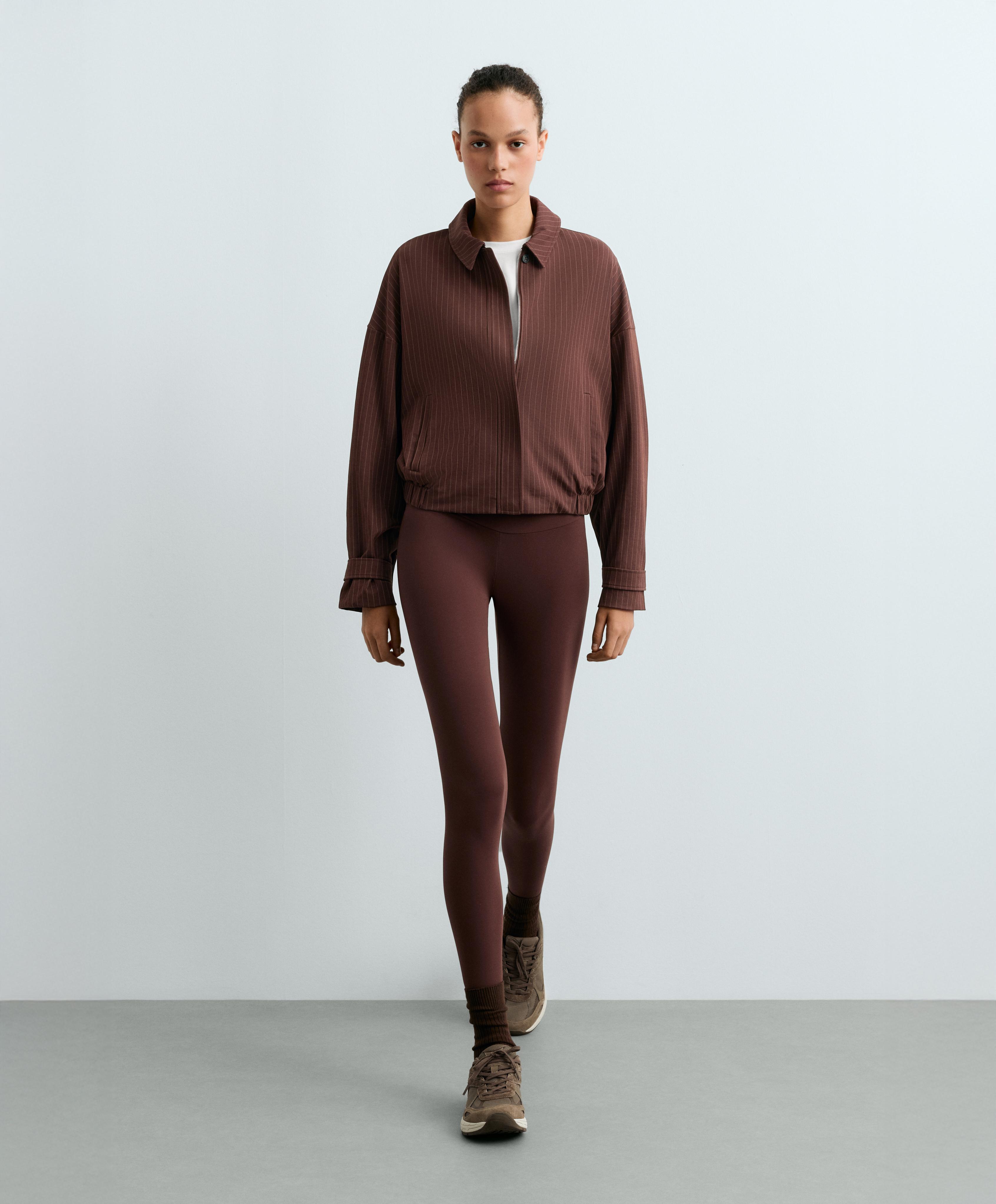 Pinstripe piqué polo neck jacket with cotton — CHOCOLATE