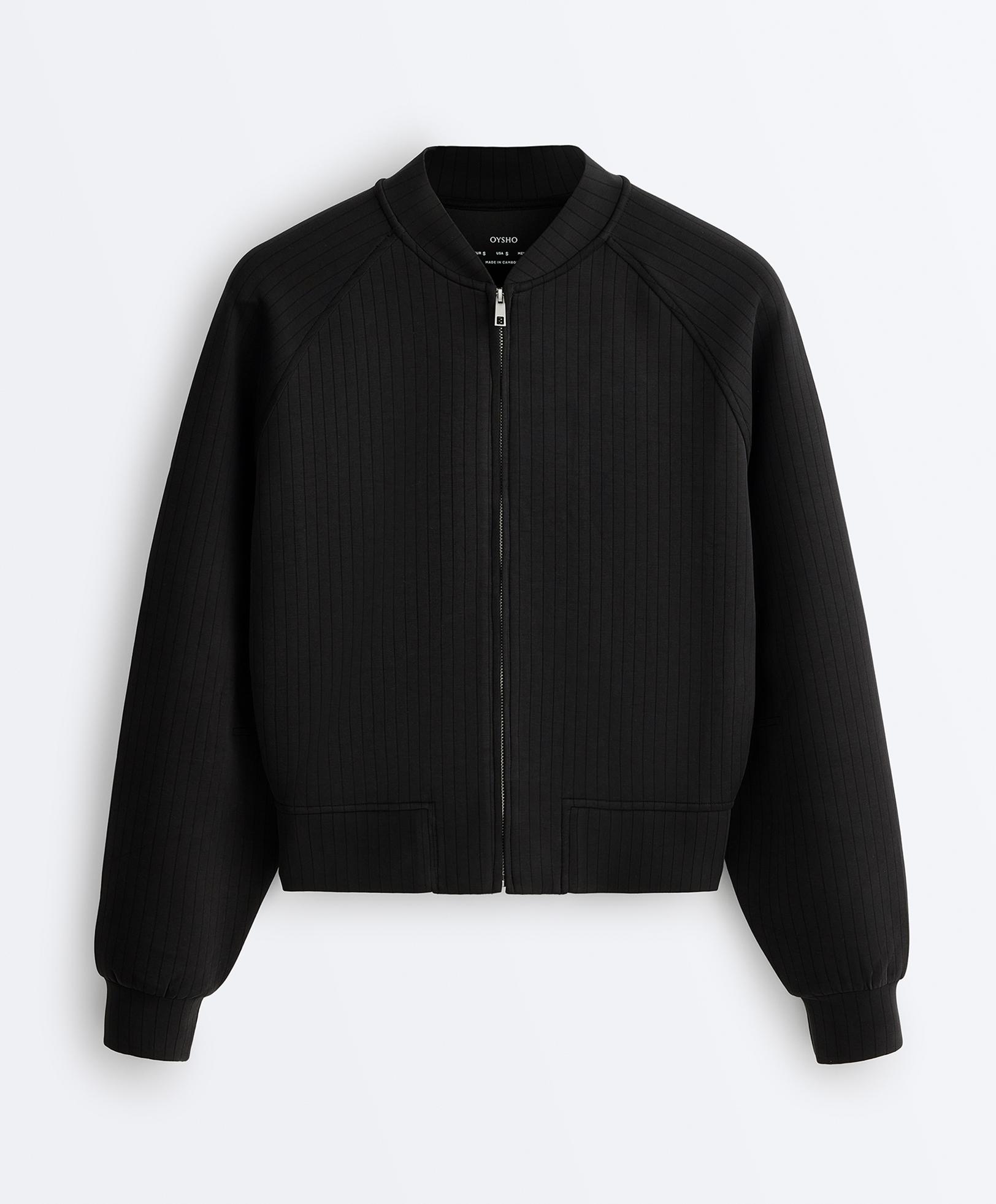 Striped bomber jacket with soft-touch modal — BLACK