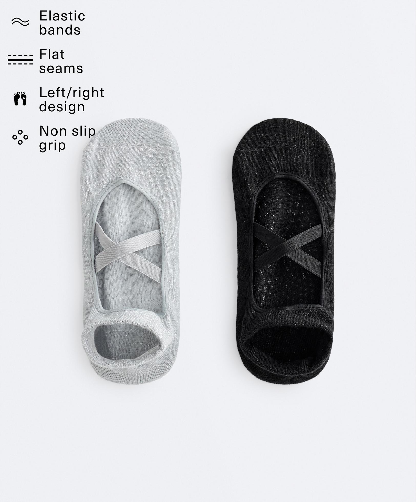 2 pairs of metallic thread crossover strap cotton blend yoga and Pilates socks — BLACK