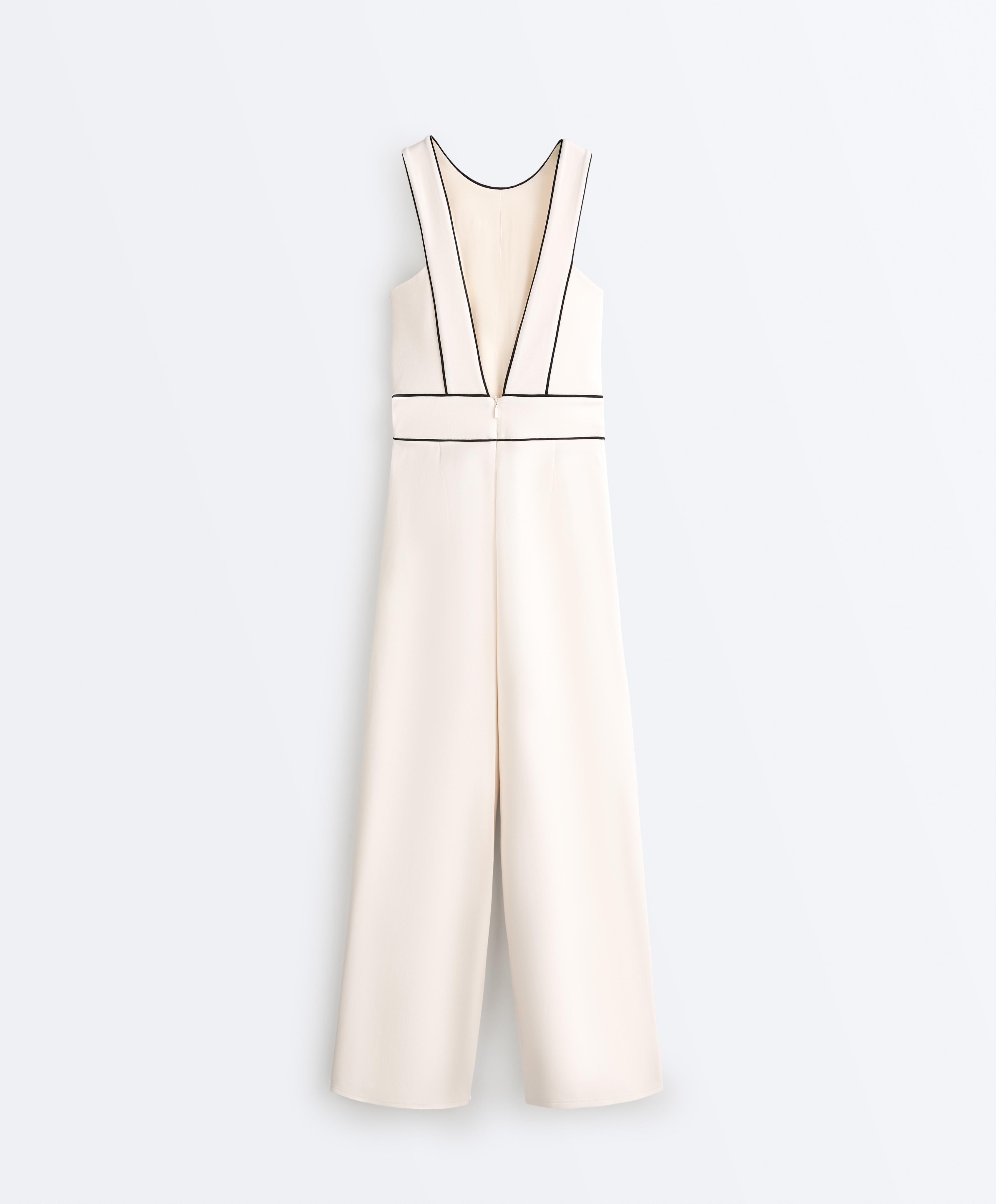 Long piping piqué jumpsuit with cotton — PALE ECRU