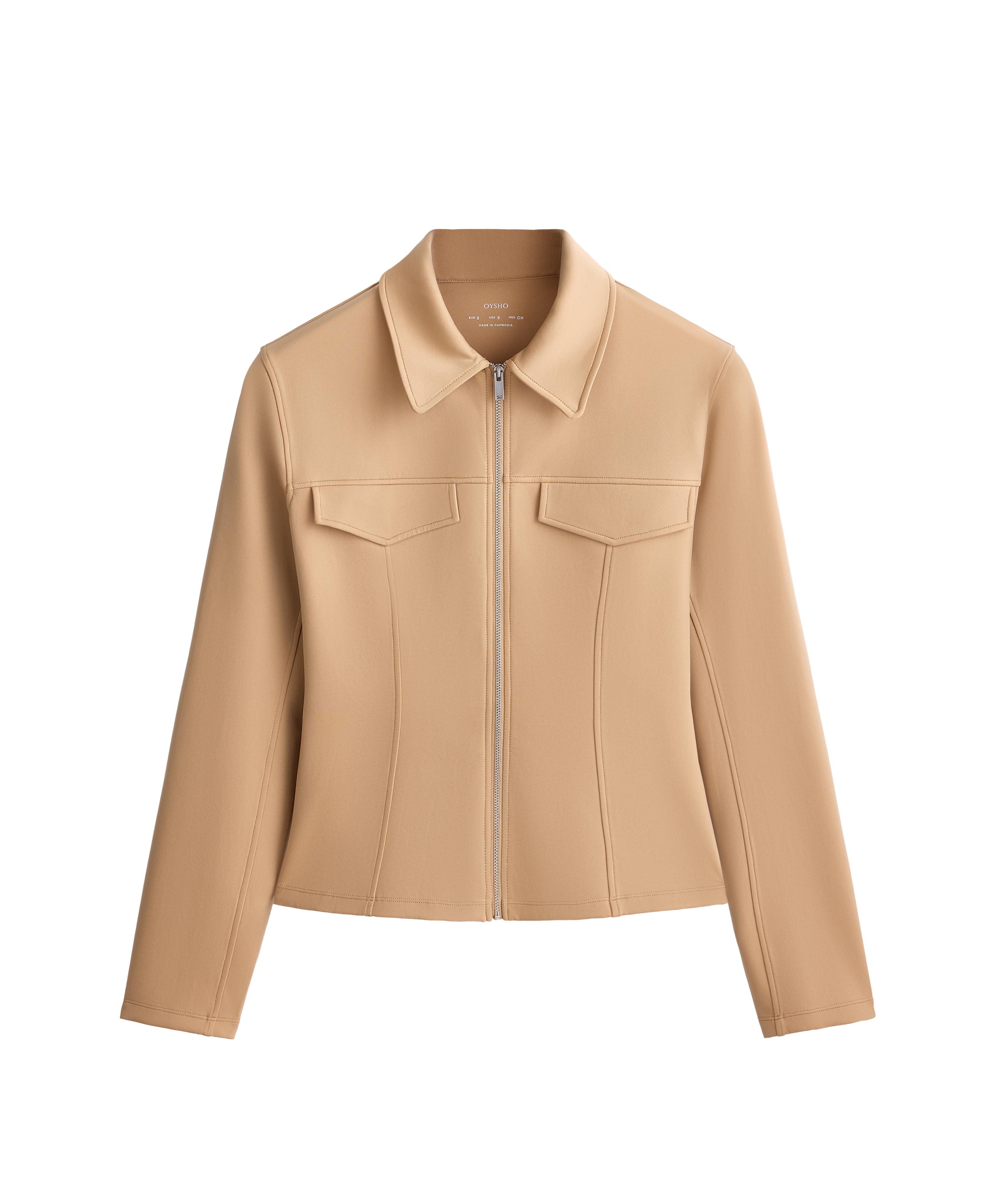 Neoprene-effect peplum jacket with ribbing — PALE CAMEL