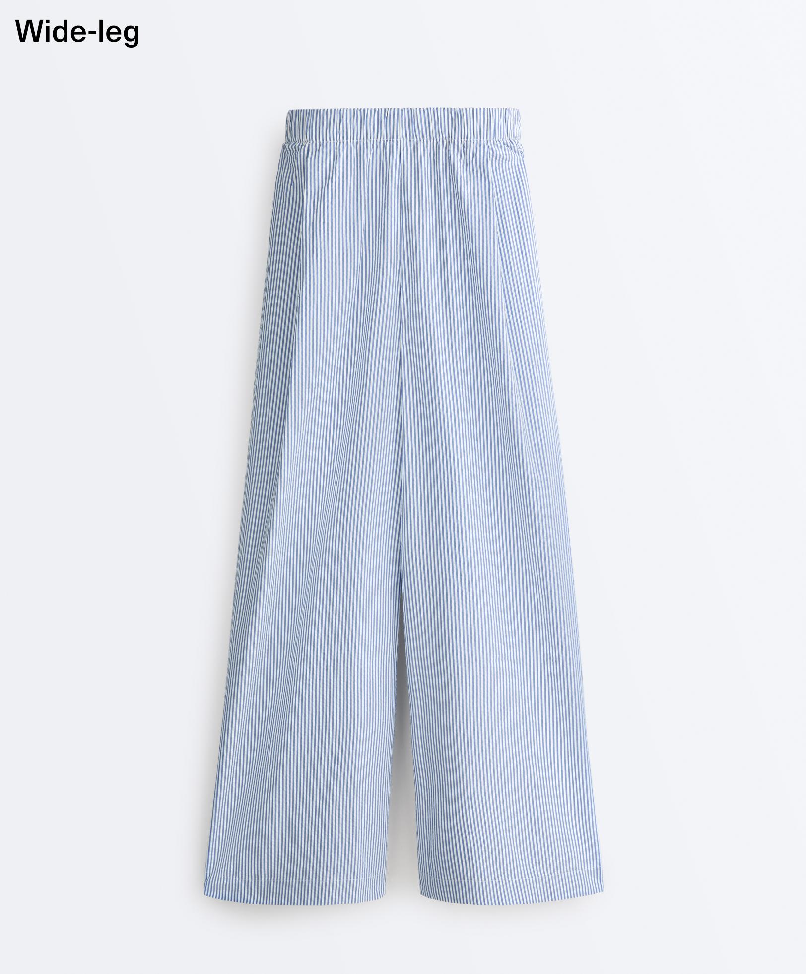 Wide-leg cotton blend striped trousers — PALE BLUE
