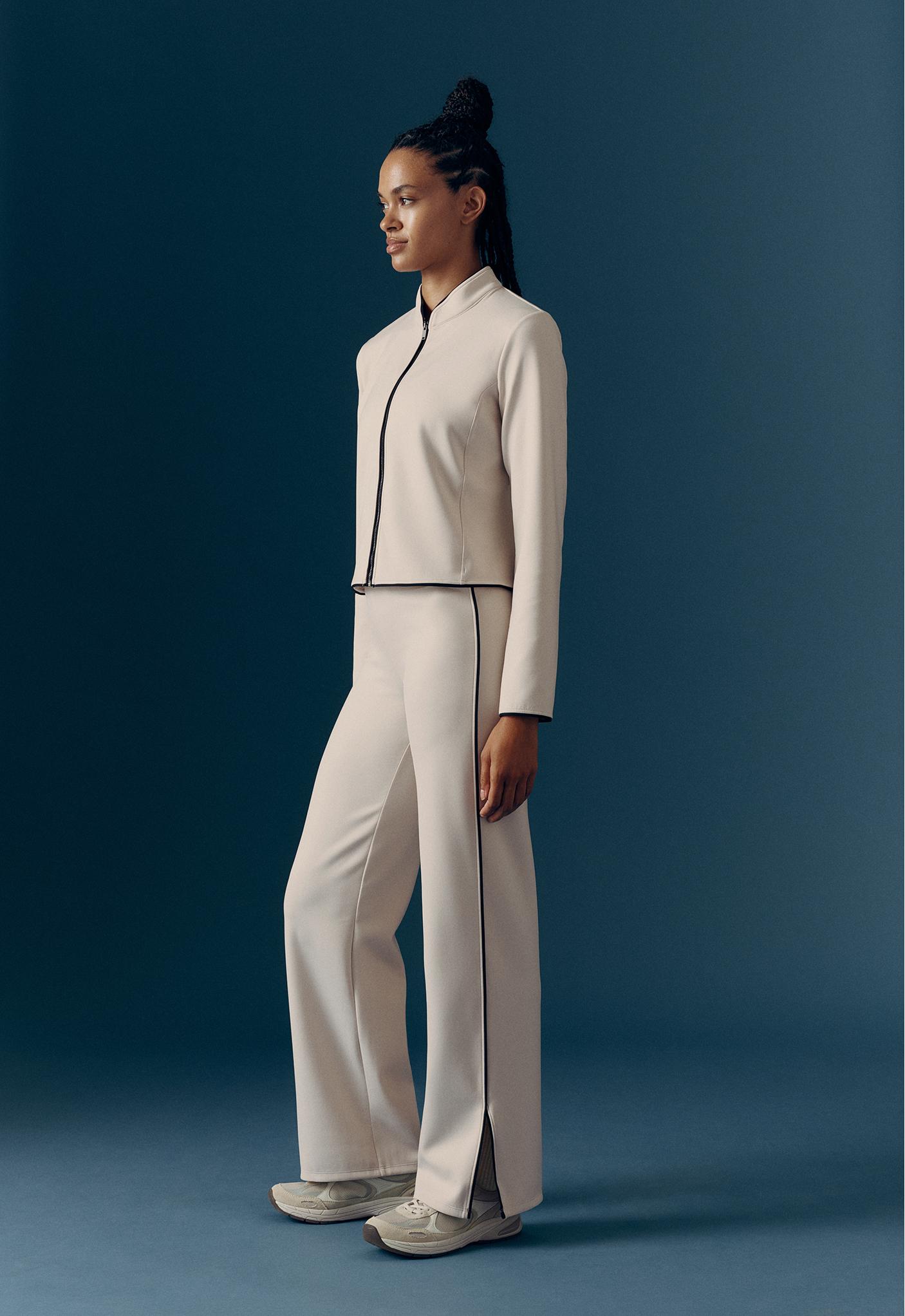 High-waist straight-leg neoprene-effect piping trousers — OATMEAL