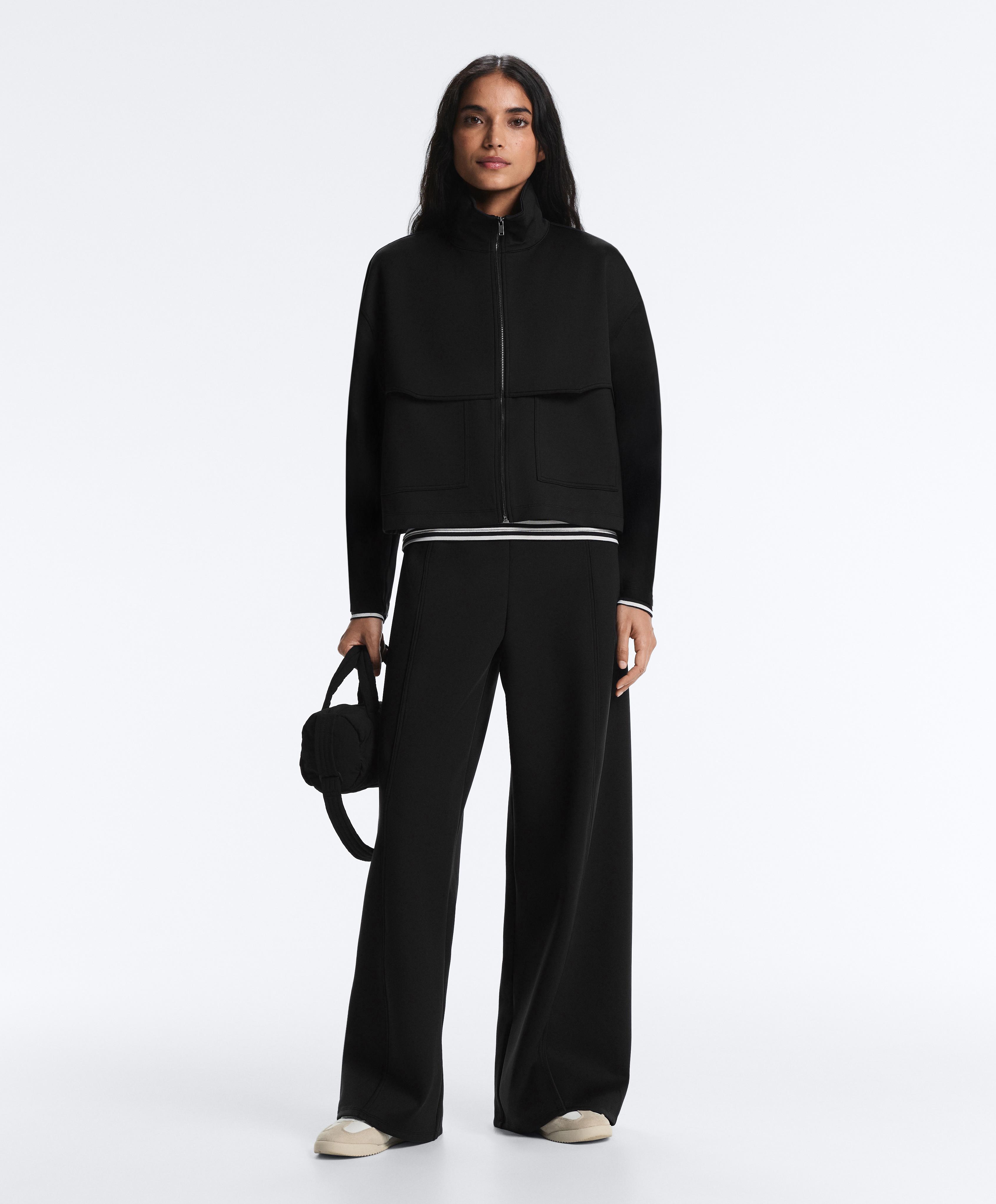Neoprene effect high rise wide-leg trousers — BLACK