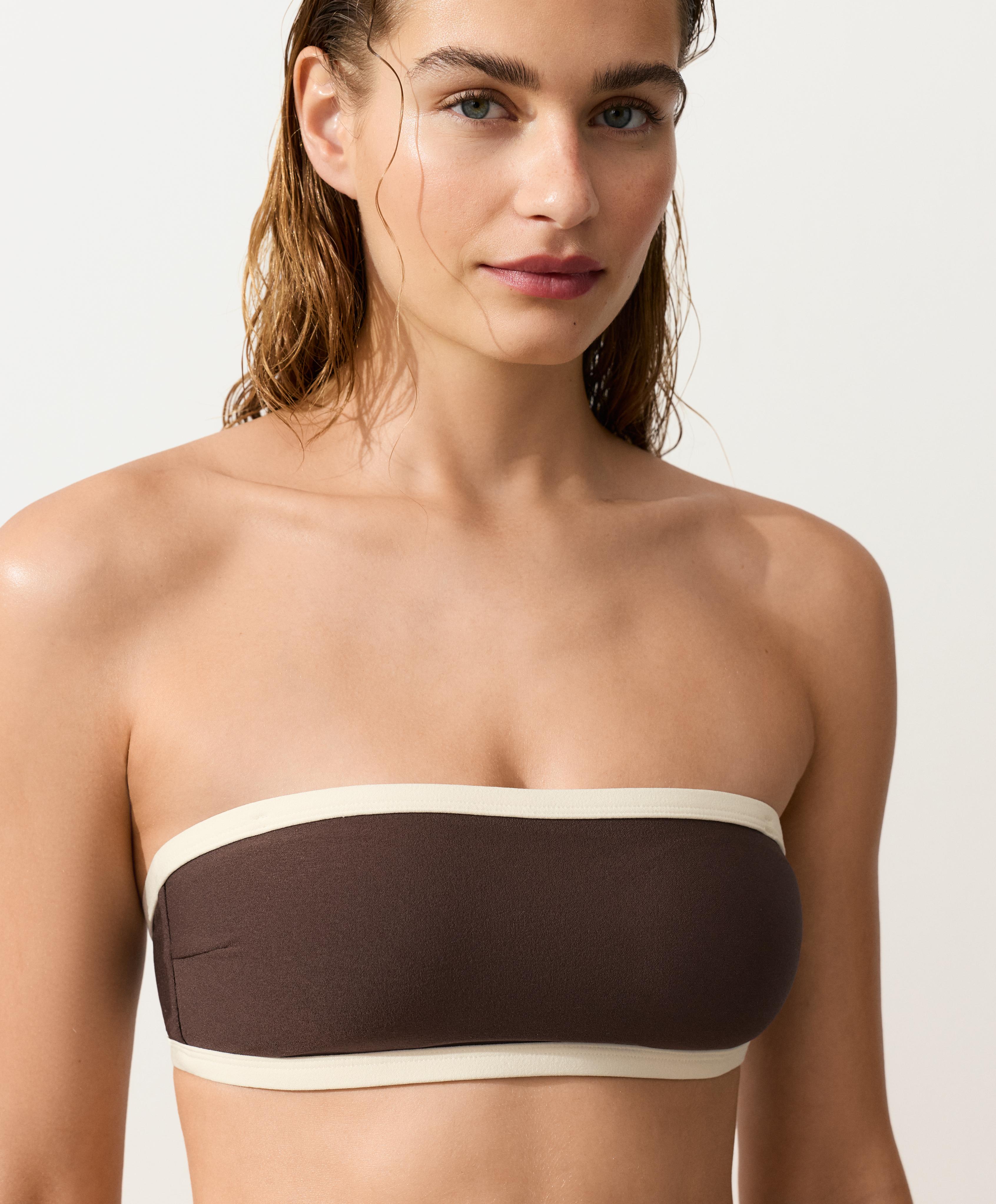 Contrast trim bandeau bikini — DARK BROWN