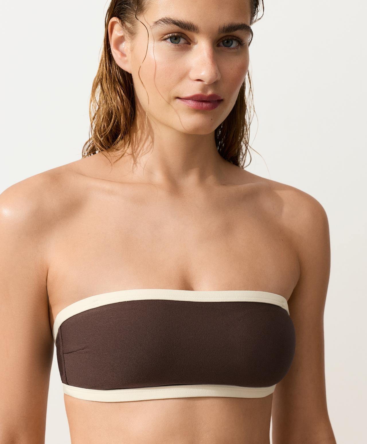 Contrast trim bandeau bikini — DARK BROWN