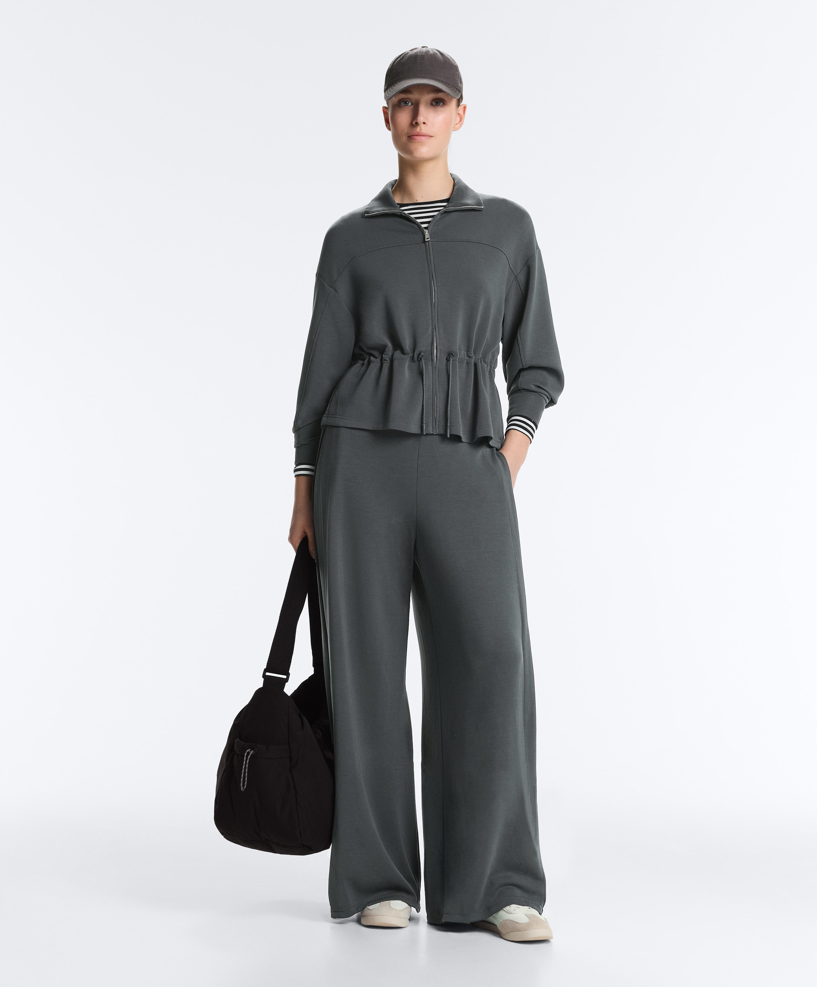 Soft-touch modal jacket with adjustable waist and high collar — ASPHALT