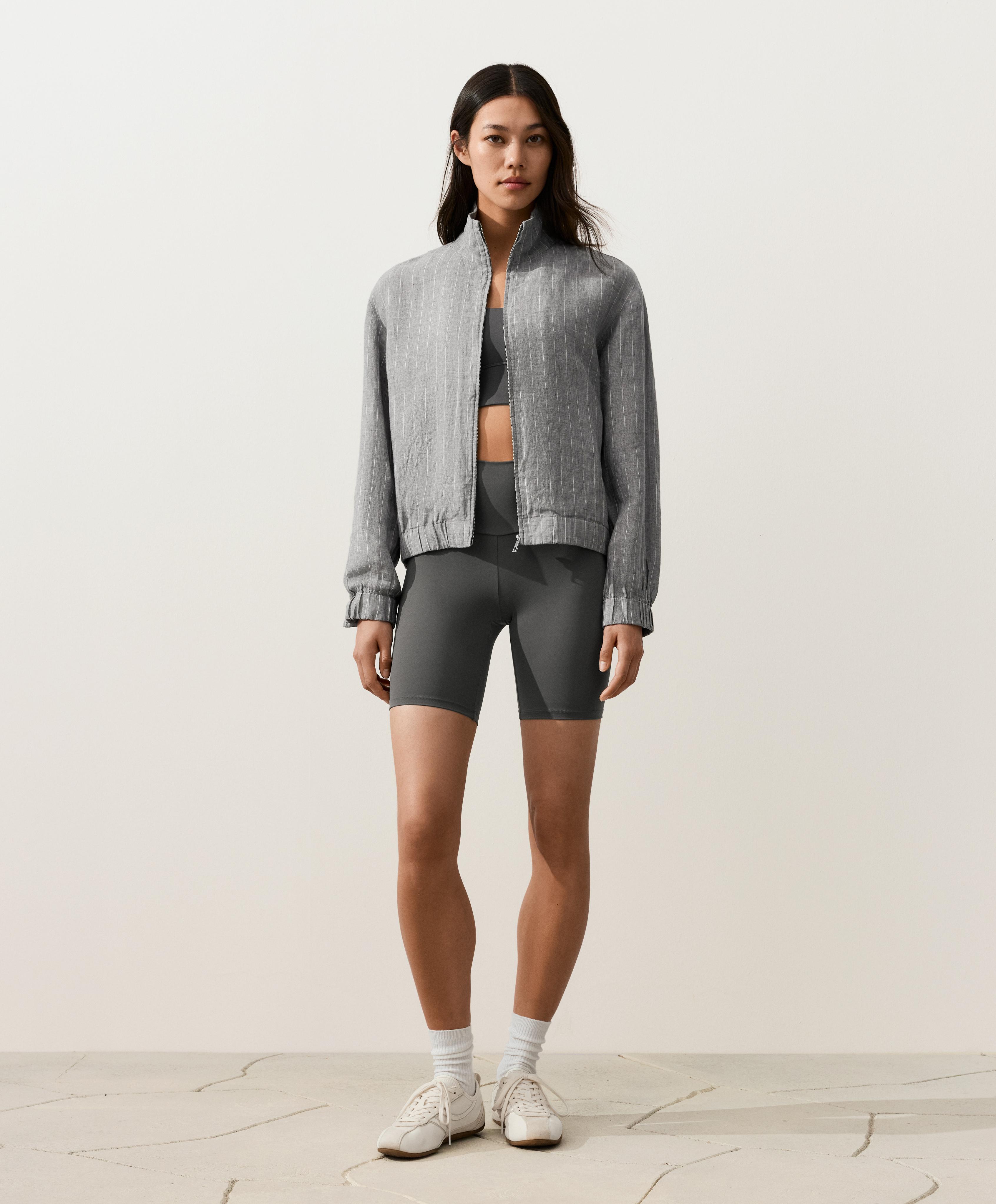 Pinstriped 100% linen high-neck jacket — MID GREY