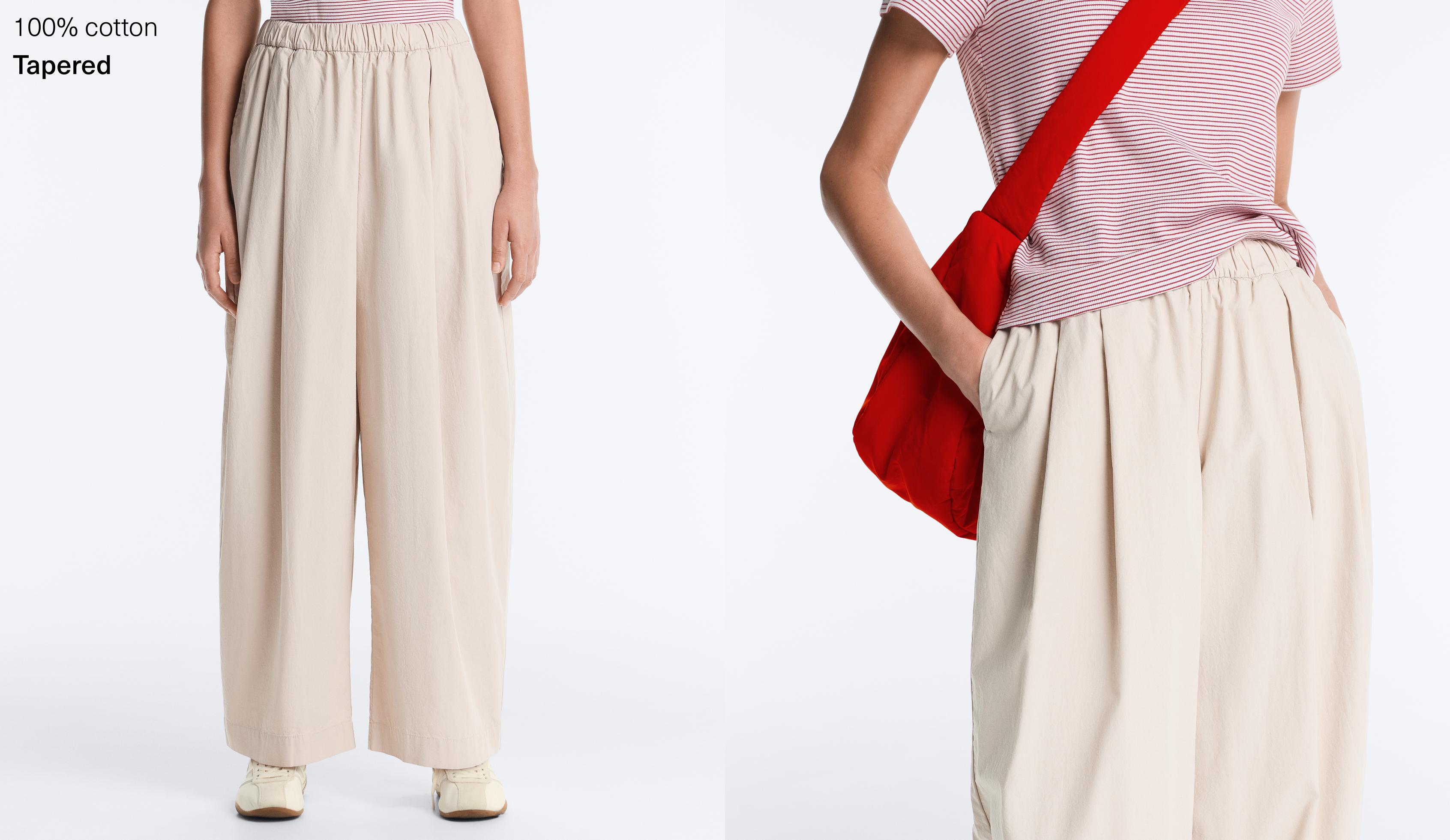 Pleated 100% cotton tapered trousers — PALE MINK