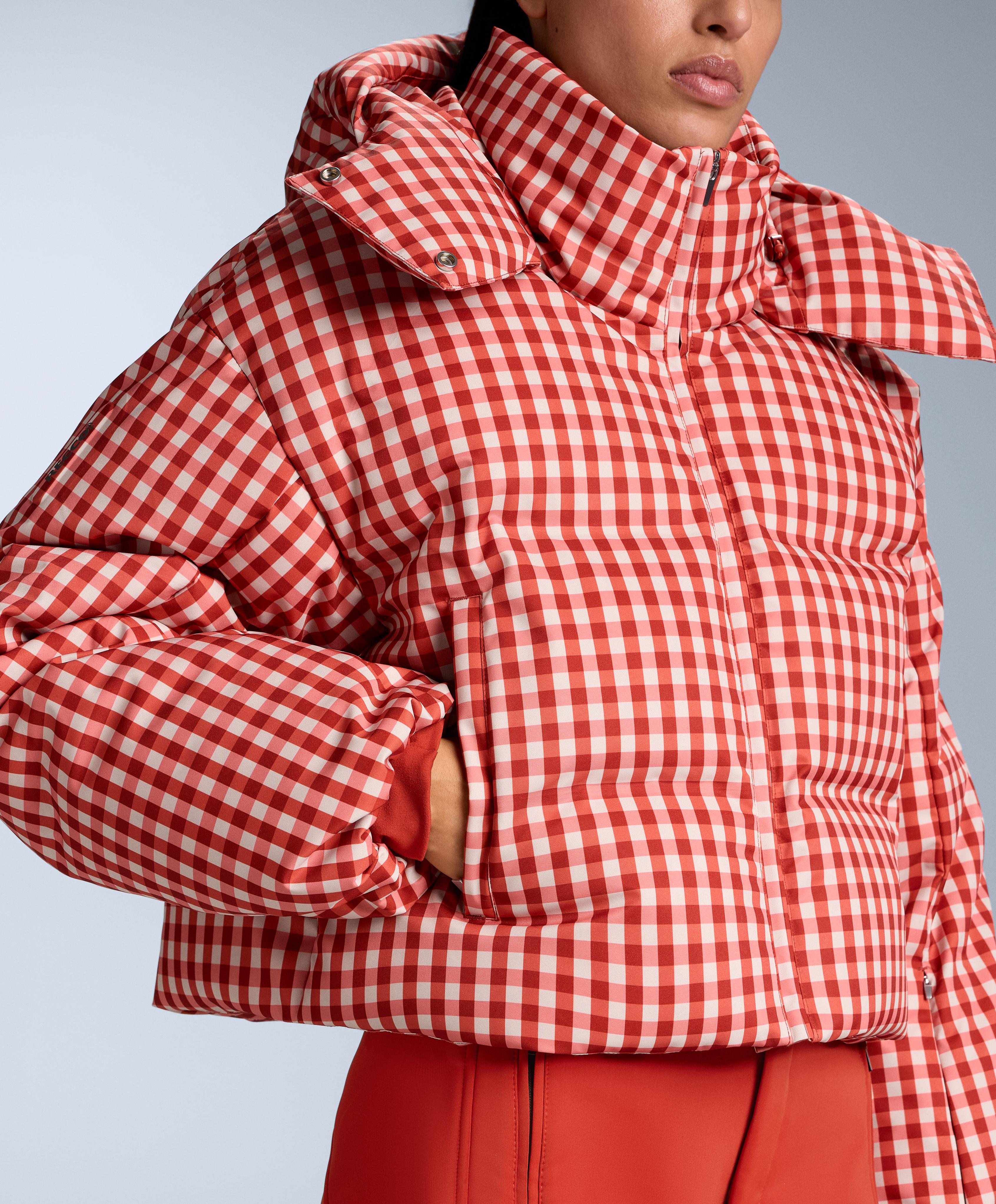 Lightweight 80% down and 20% MINARDI PIUME SKI water-resistant short jacket — BRIGHT BURNT ORANGE 