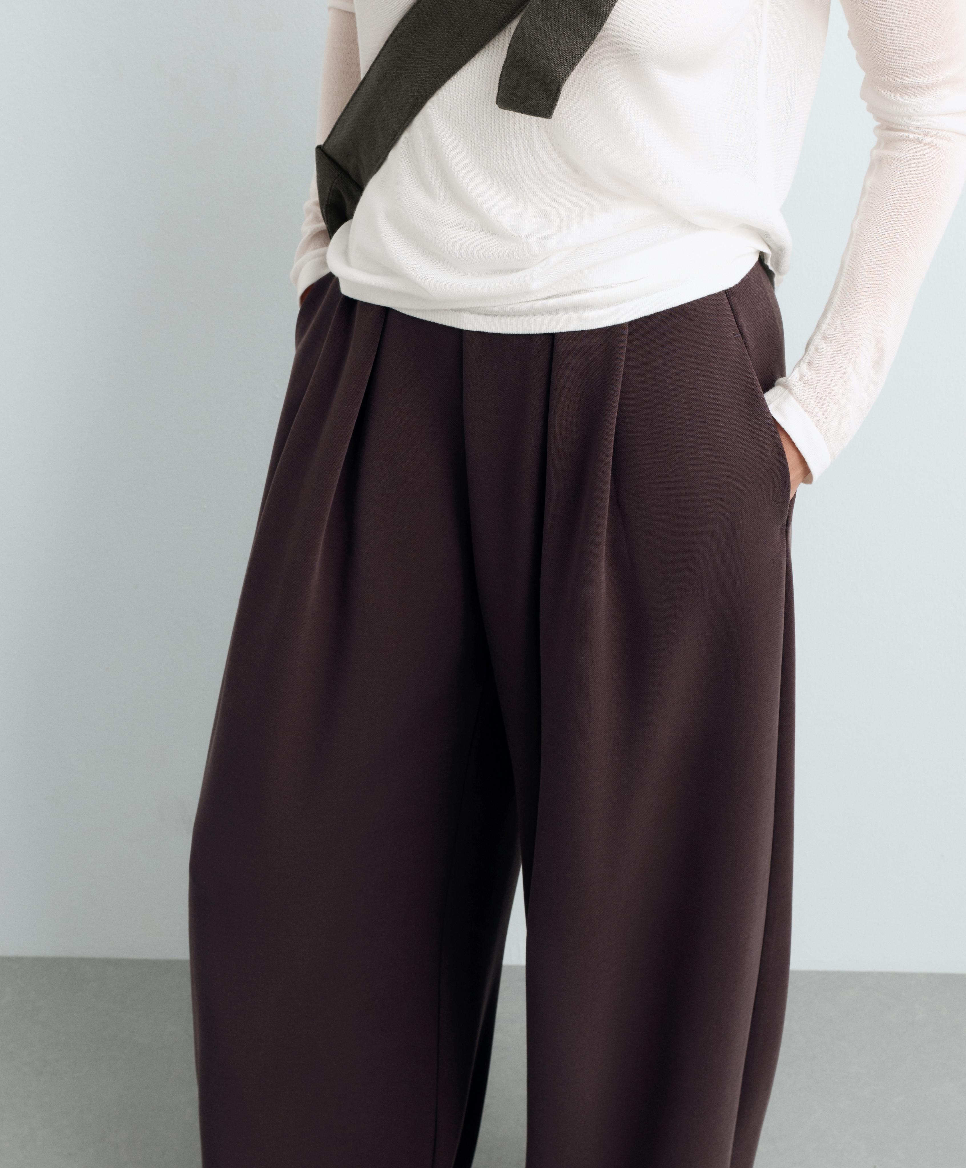 Wide-leg piqué trousers with modal — Purplish brown