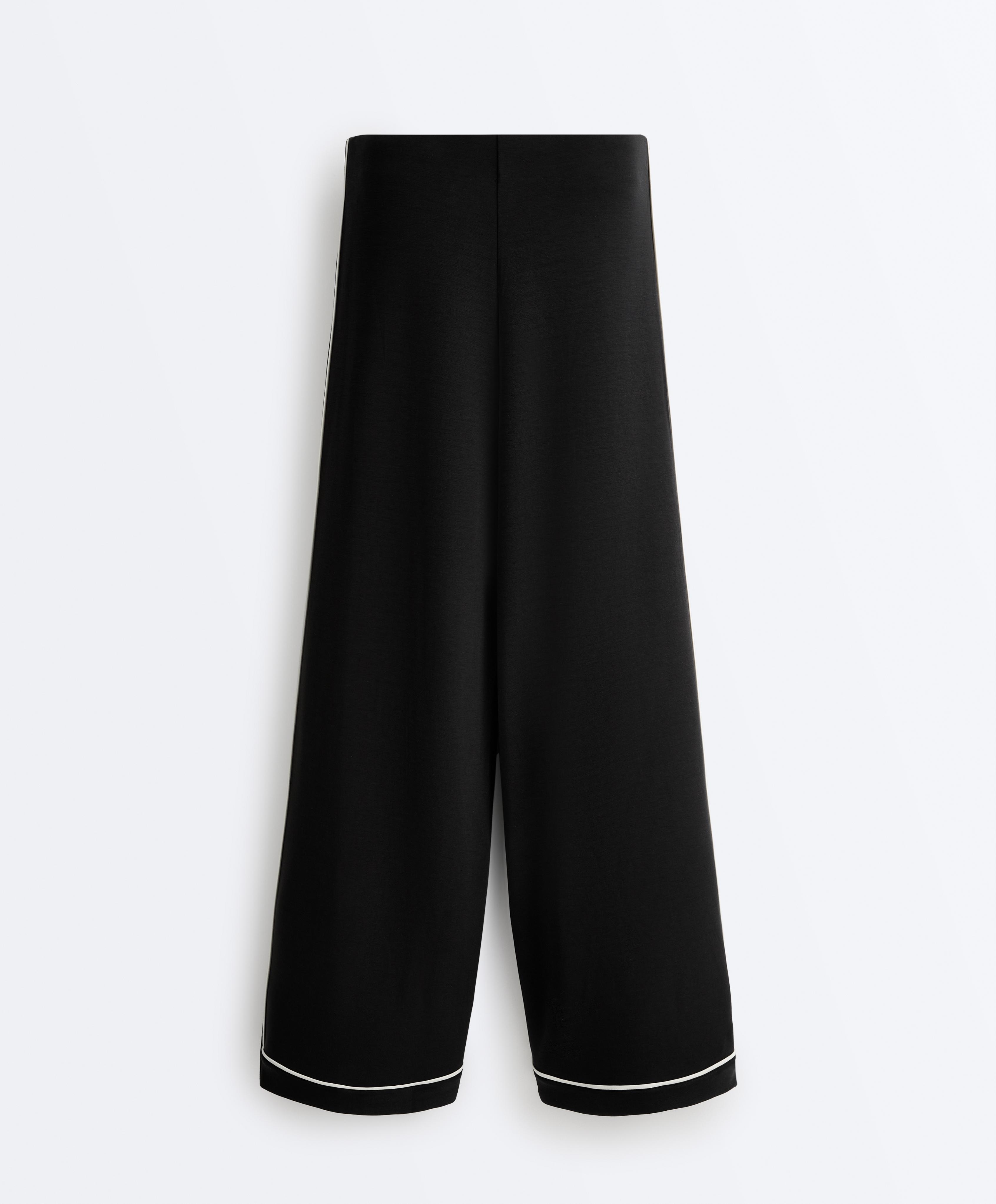 Soft-touch modal wide-leg trousers with contrast piping — BLACK