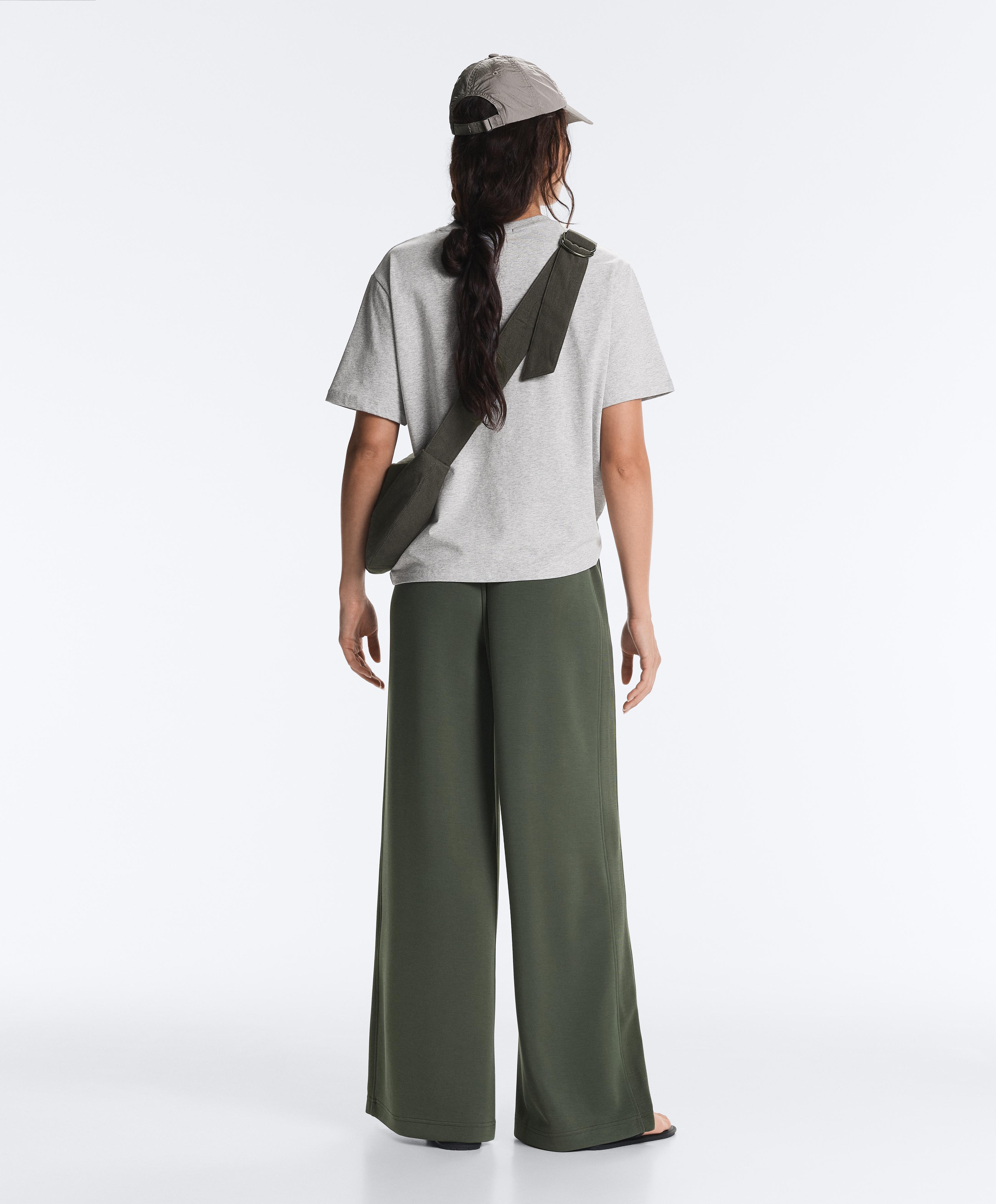 Soft-touch modal wide straight-leg rib trousers — KHAKI