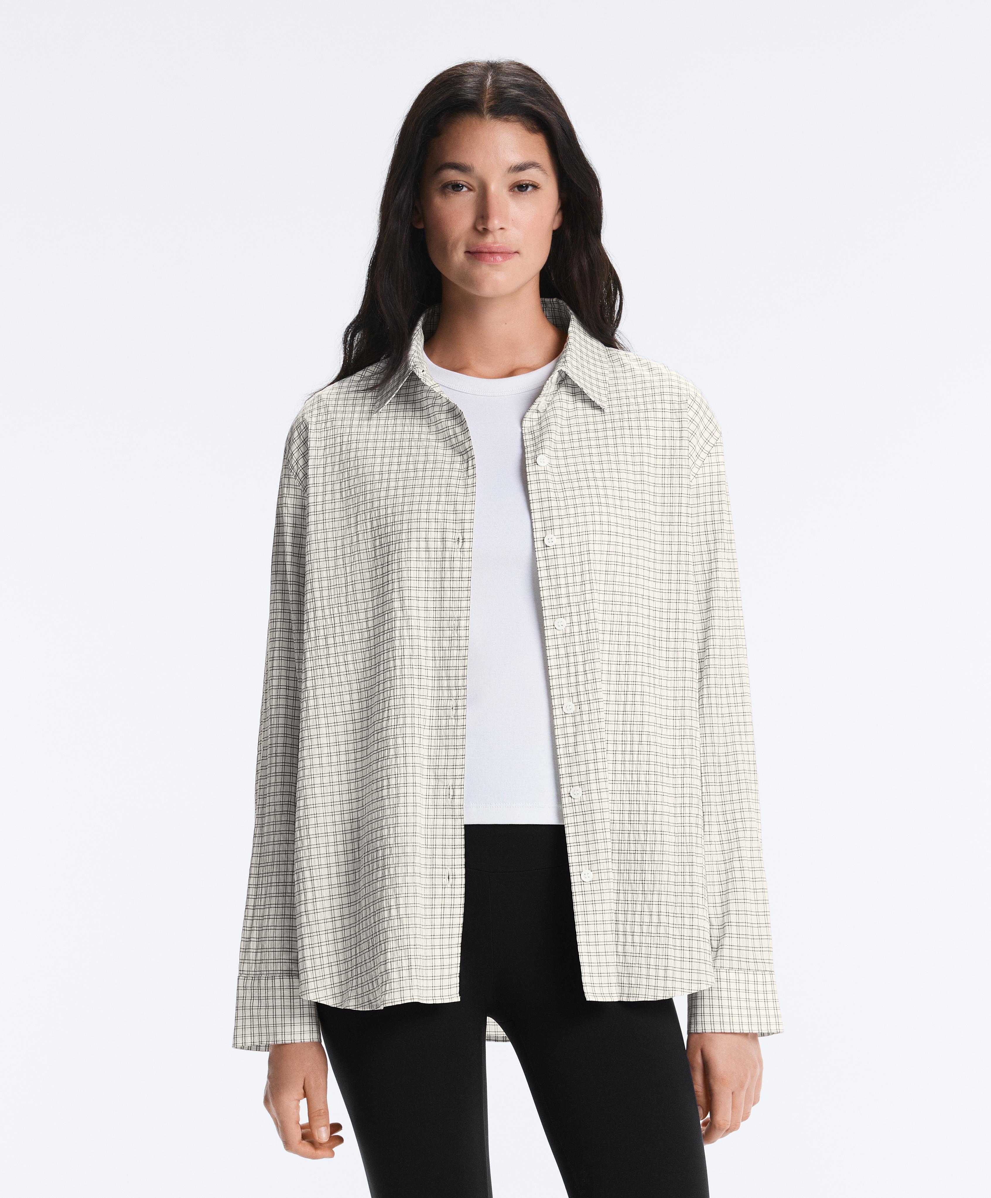 Cotton blend check long sleeve shirt — WHITE