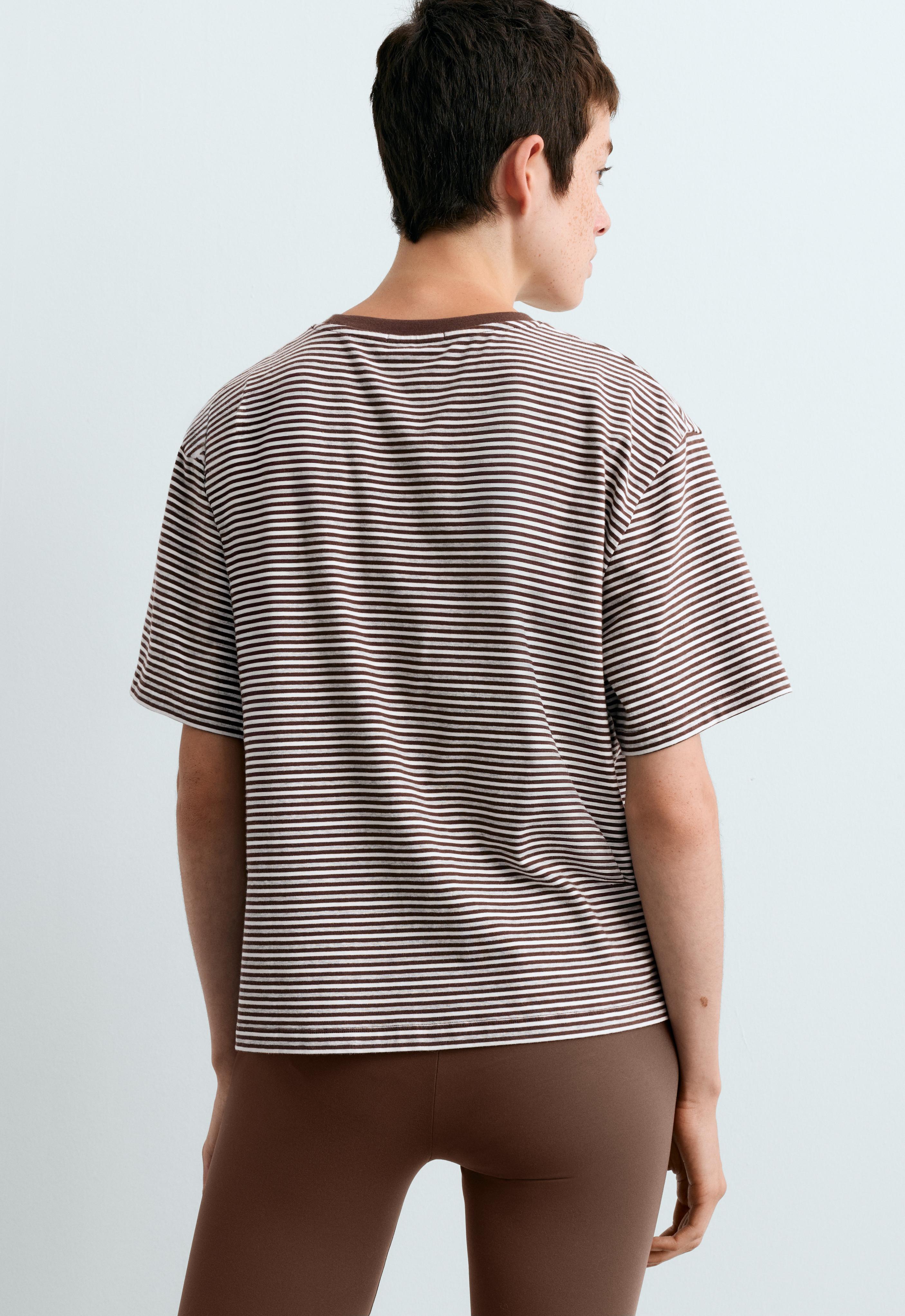 Regular fit striped cotton blend short-sleeved T-shirt — CHOCOLATE      