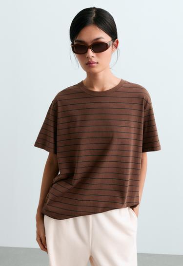 Oversize striped cotton blend short sleeve T-shirt — DARK BROWN 2